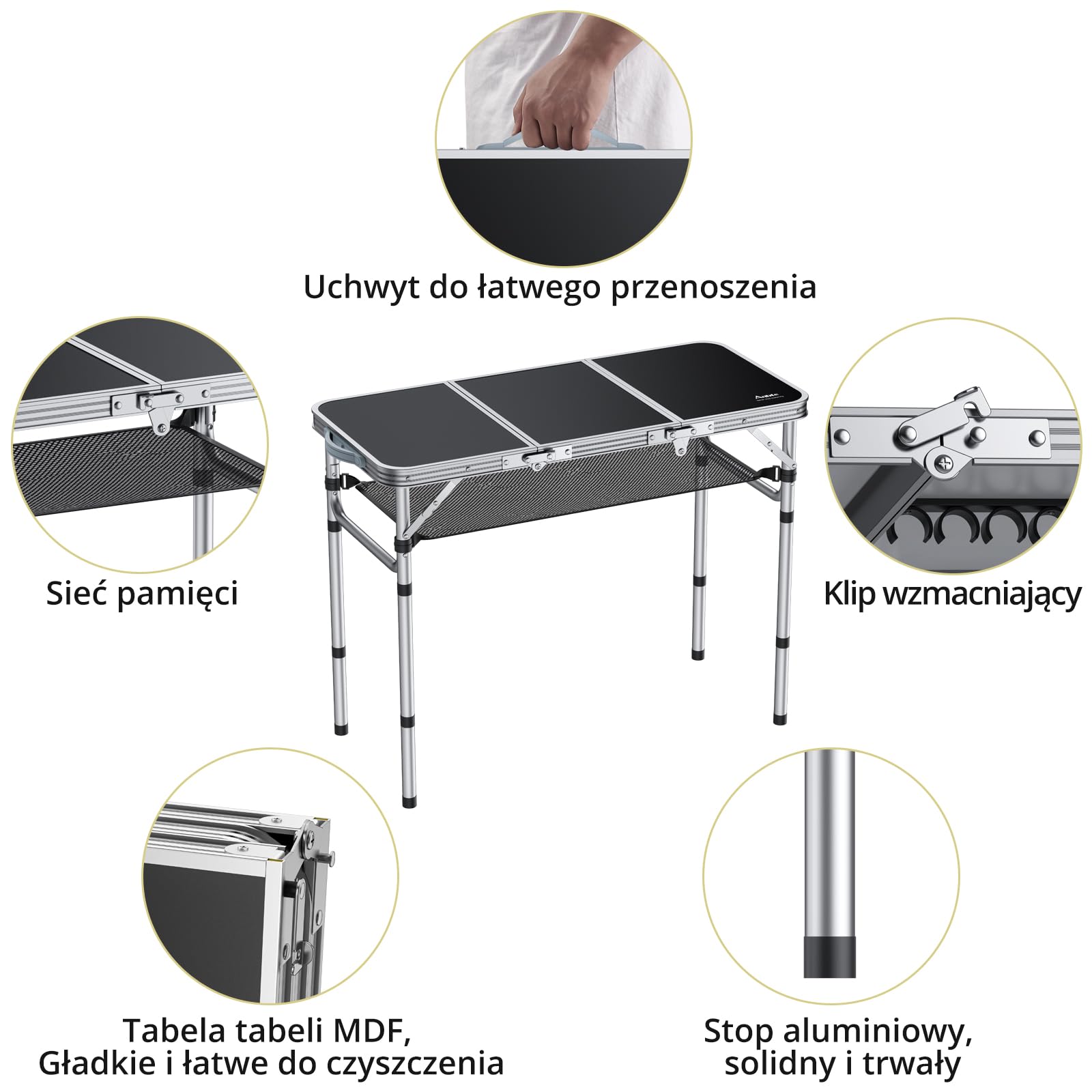 Anbte stoły kempingowe Aluminiowy Składany stół 88x40cm (dł. x szer.) z 3 regulacją wysokości idealny do kampera, pikniku, z torbą do przechowywania Przenośny stolik walizkowy stół grillowy (czarny)