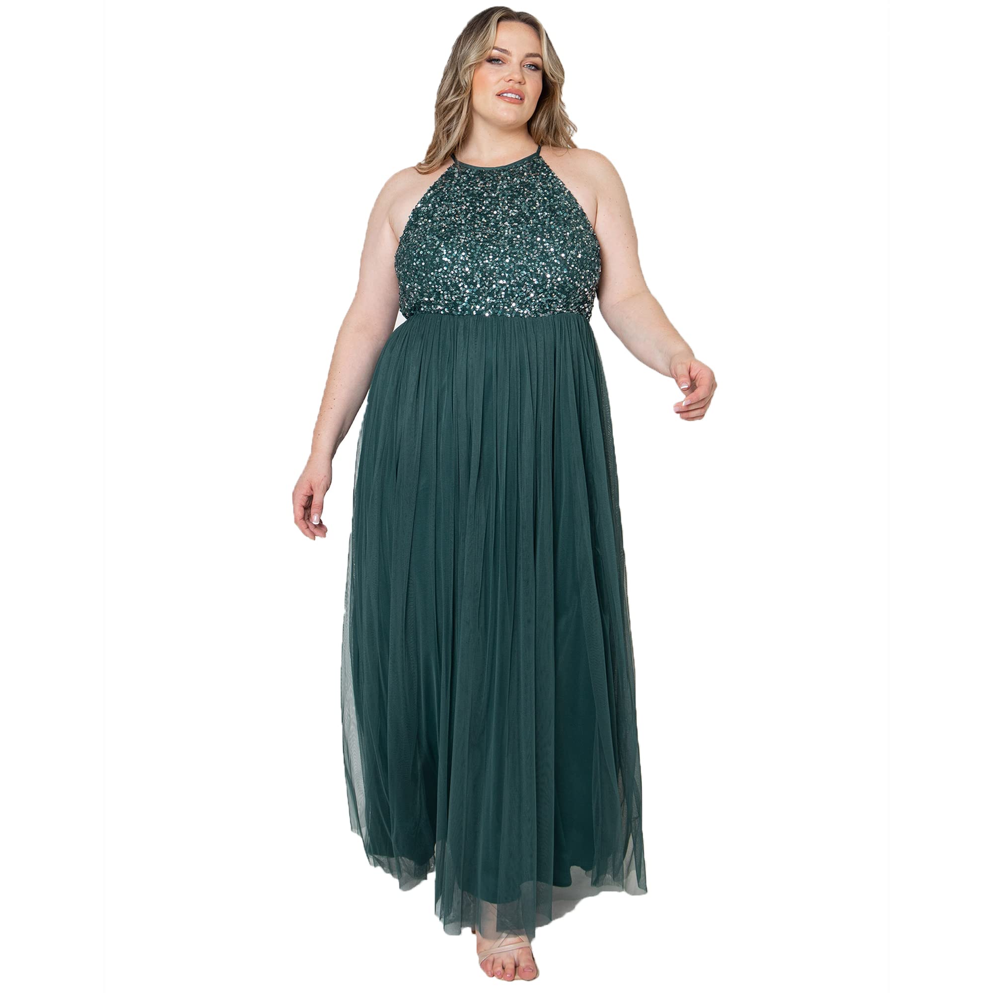 Abendkleid Pailletten Cocktailkleid Damen Tüllkleid Kleid Nackenband Abendkleid Elegant für Hochzeit Brautjungfernkleid