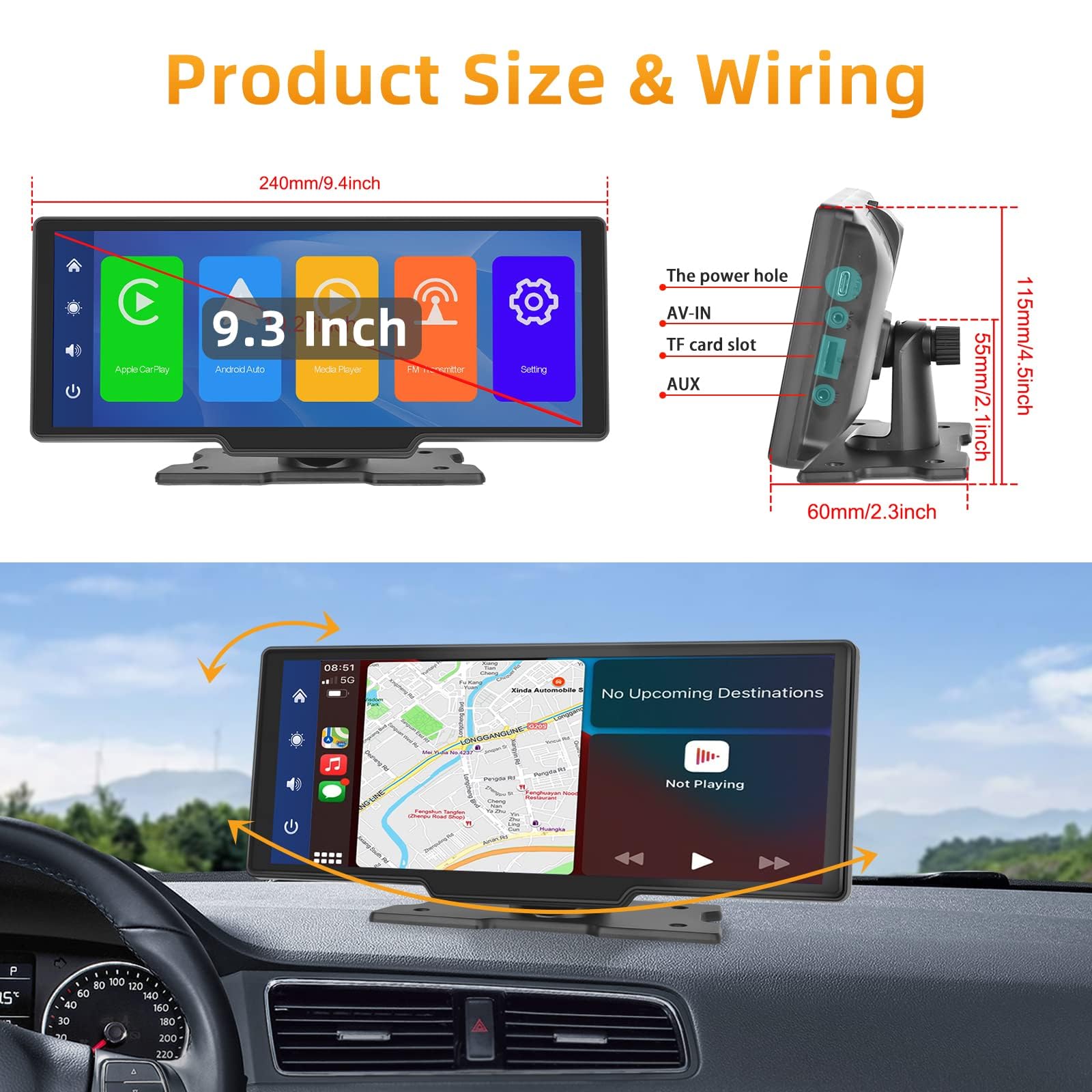 Podofo Autoradio Portatile con Android Auto 9,3 Pollici Touchscreen Monitor Audio Radio Stereo con Bluetooth, Trasmissione FM, Airplay, Collegamento a Specchio