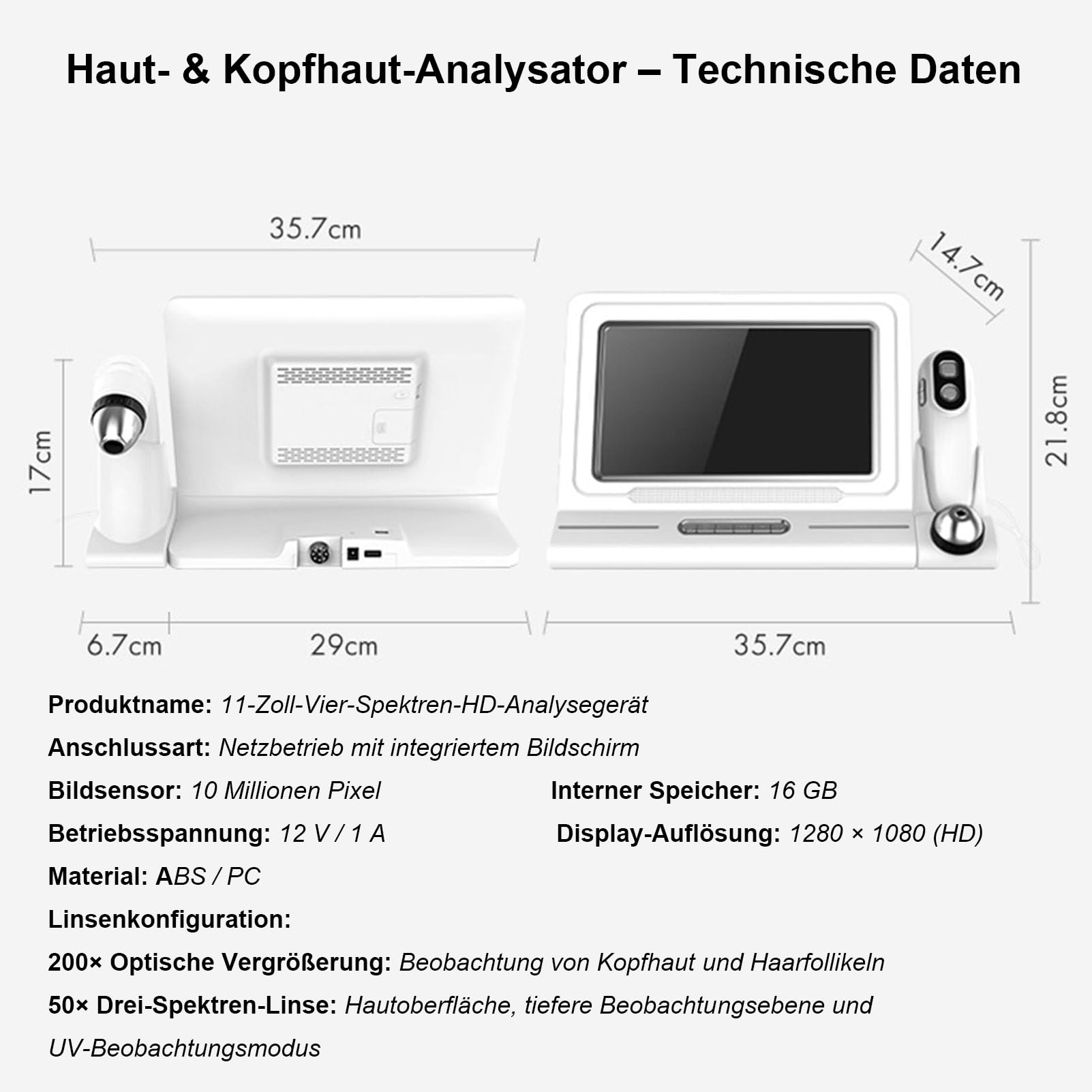2026 Haut und Kopfhaut Analysegerät 11 Zoll HD Display Haar Kopfhaut Kamera 200x und 50x Vergrösserung UV Licht Polarisationslicht Vier Bilder Vergleich Haarfollikel Detektor Profi Salon Klinik