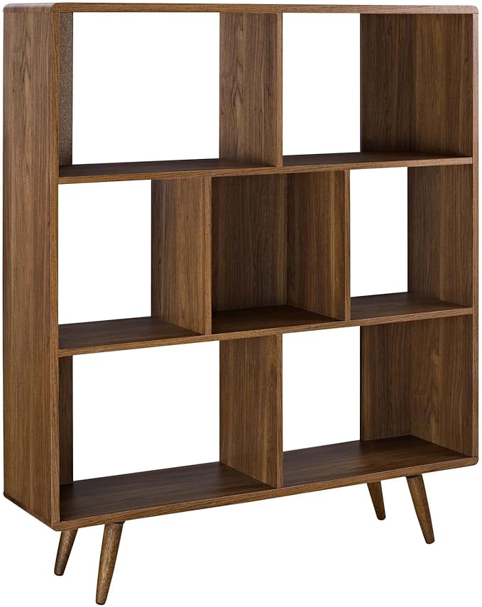 Modway Transmit Mid-Century Offset Cube Wood 7 tier Bookcase in Walnut