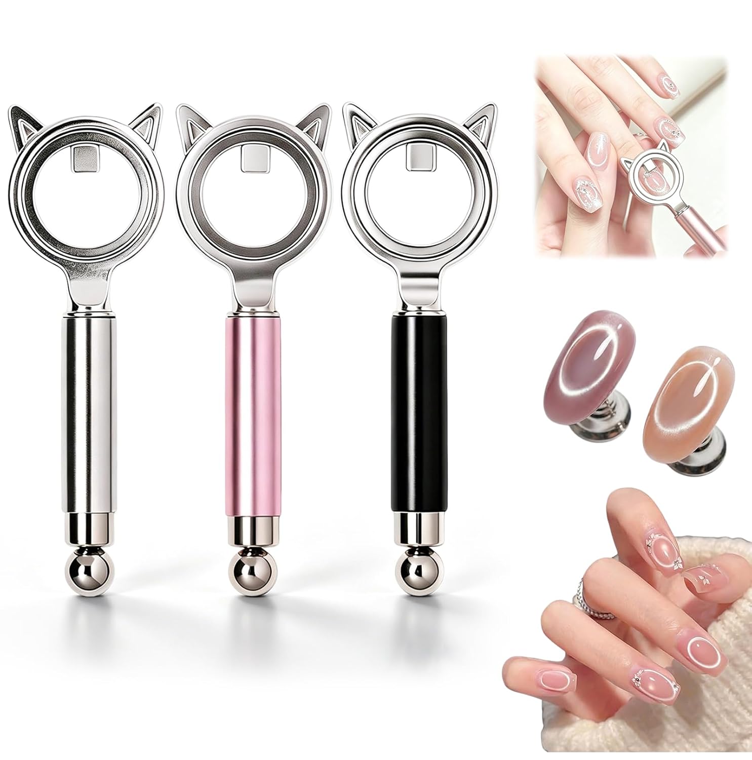 3Pack Ring-Shaped Cat Eye Magnet for Nails, 3-in-1 Strong Nail Magnet Tool for Catye Gel Polish, Portable Hollow Circular Cat Eye for Home DIY, Beginners & Nail Artists, Wide Beam French Heart Effect