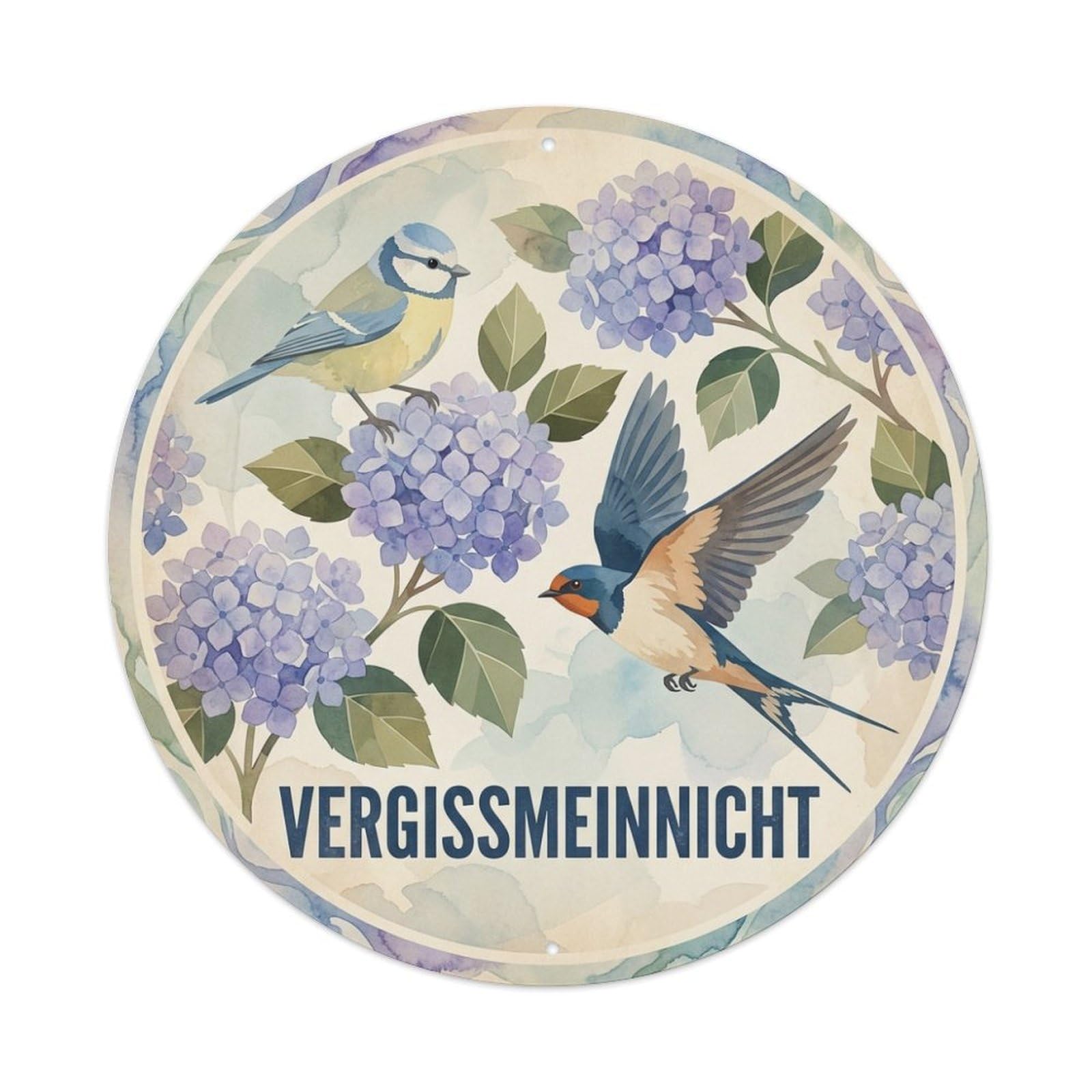 Vergissmeinnicht Watercolor Bird Slogan Hydrangea Metal Tin Sign
