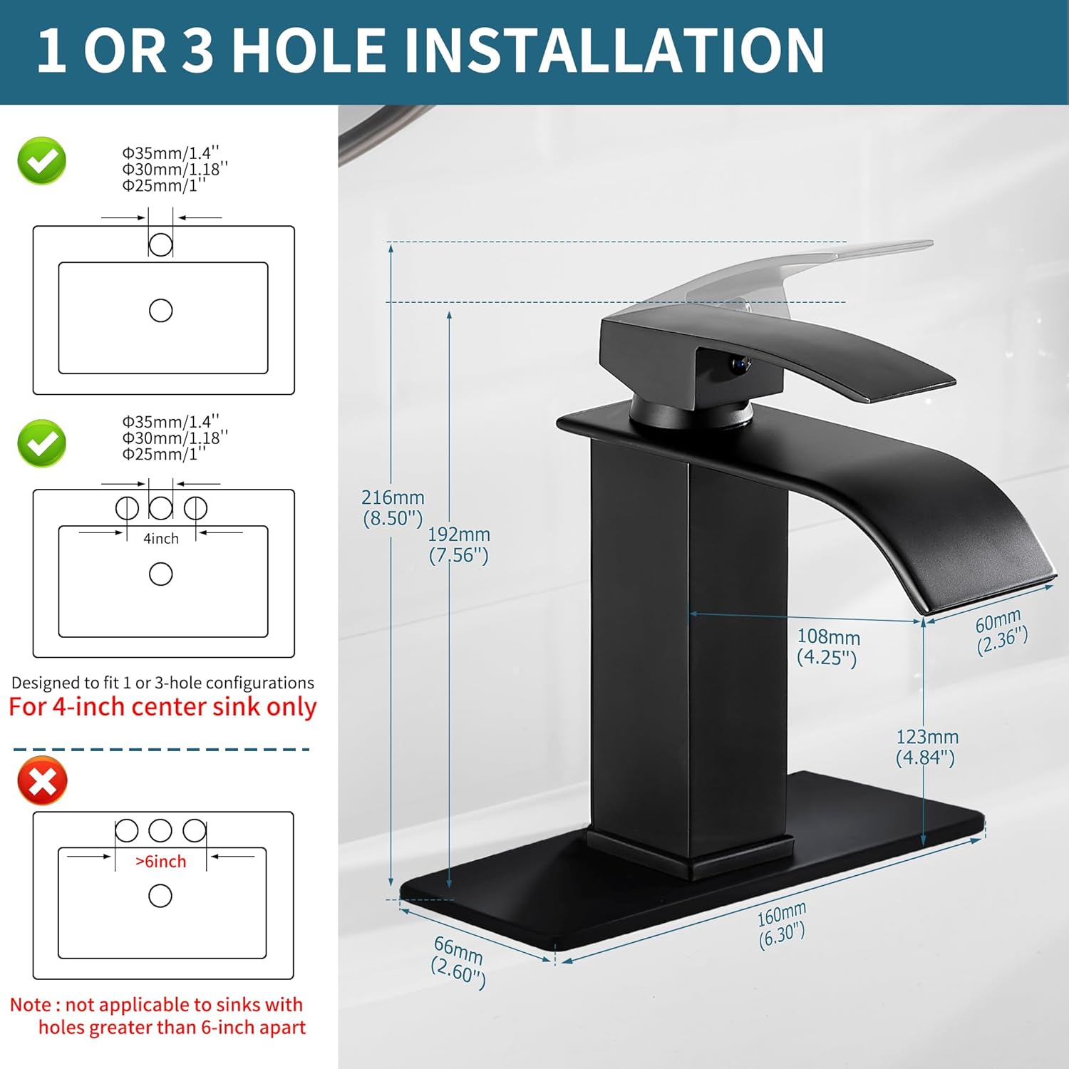 sagetta Waterfall Bathroom Sink Faucet Single Hole Black with Three Hole Cover Deck Plate, Pop up Drain and Water Hoses Stainless Steel Vanity