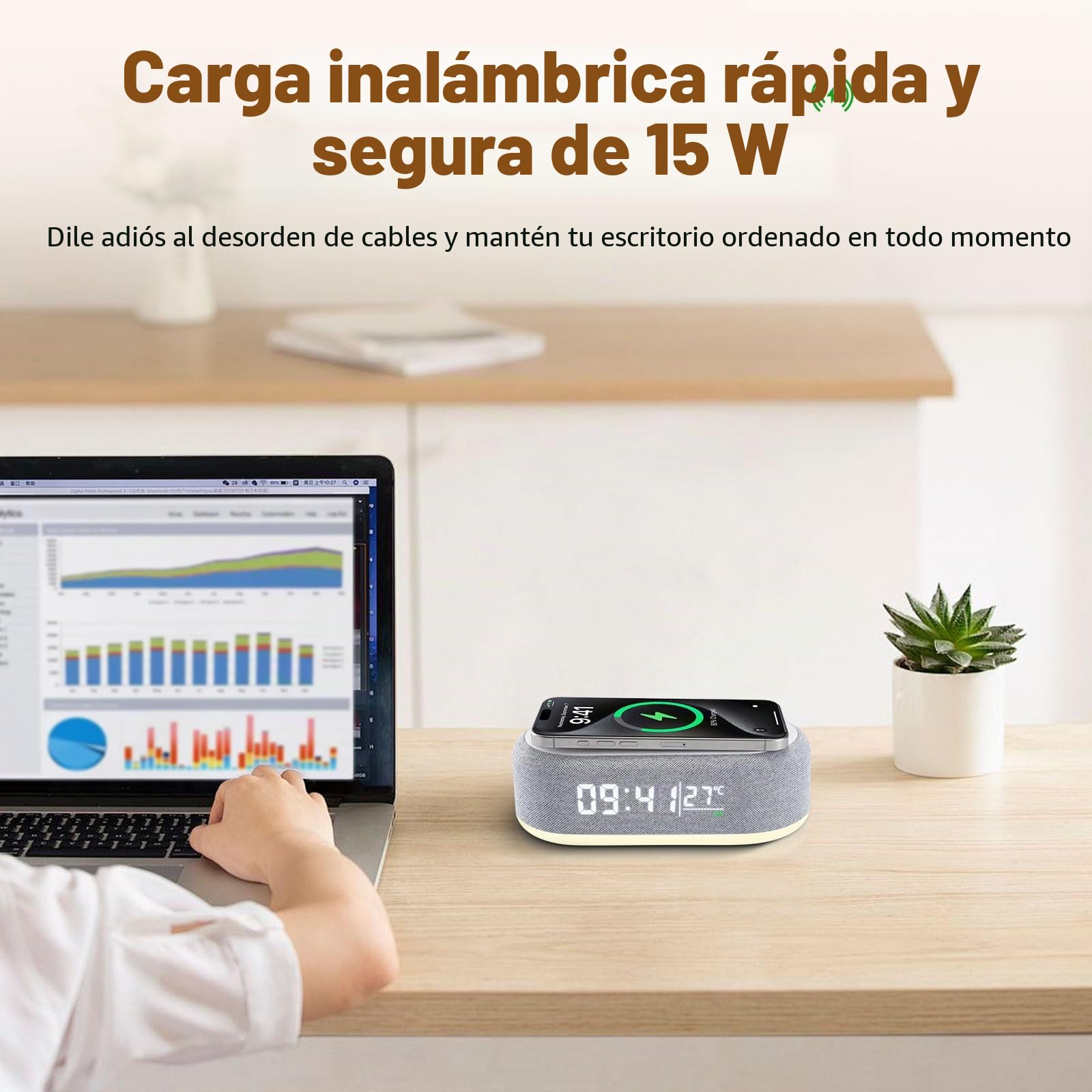 Despertador Digital 4 en 1, Cargador Inalámbrico, Despertador Inteligente con indicador de luz y Temperatura, Brillo Ajustable