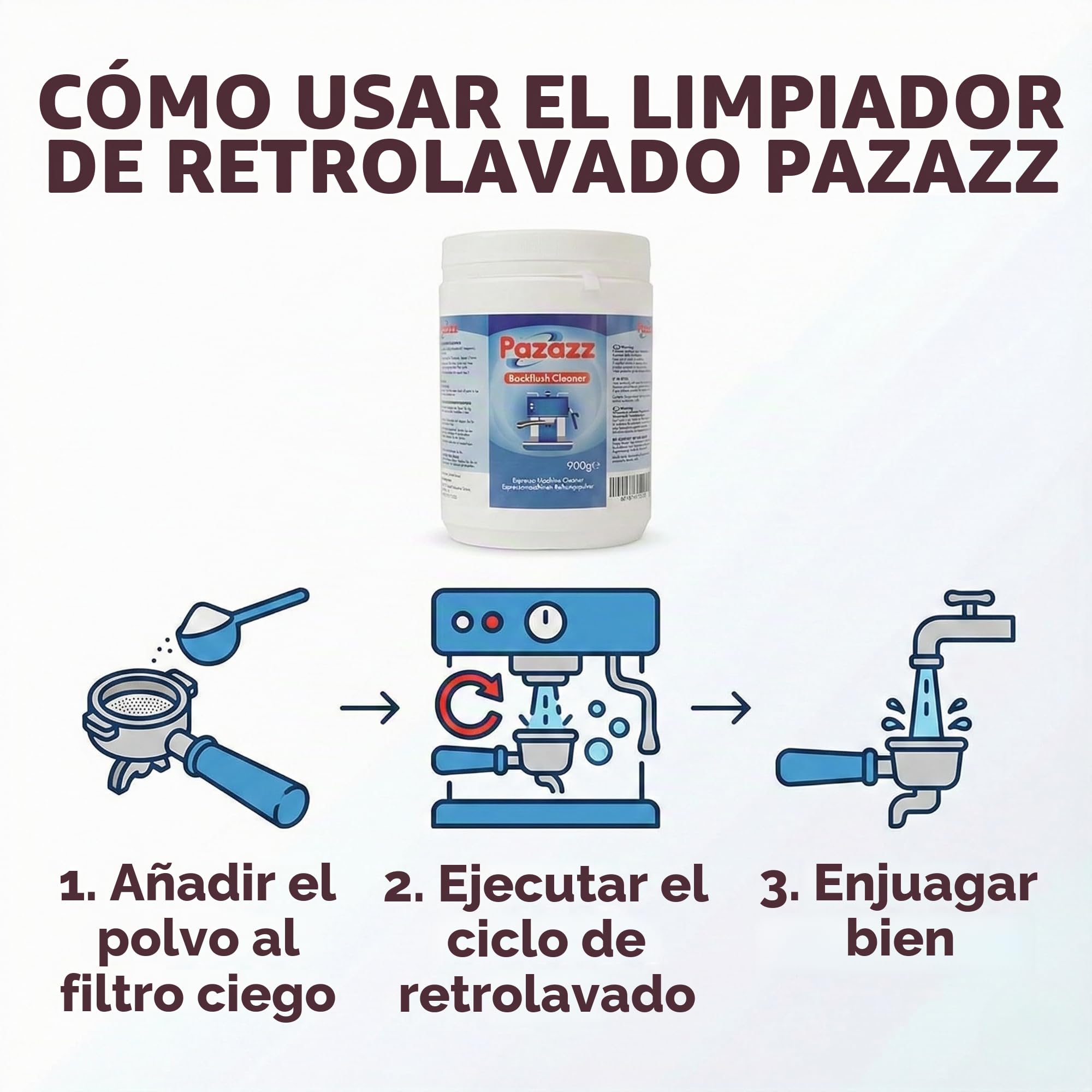 PAZAZZ Limpiador de Residuos de Café – Polvo de Limpieza para Retroenjuague en Grupos de Cafeteras Espresso y Portafiltros – Limpieza Profesional Profunda – Pack de 6