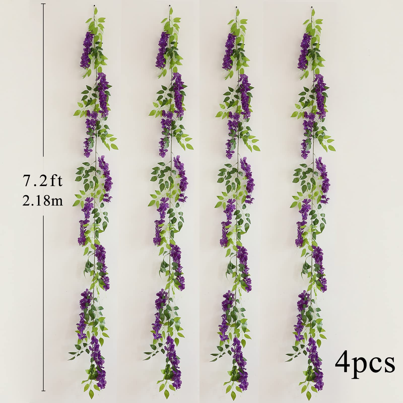 dallisten Wisteria Artificial Flowers Garland, 4Pcs 7.2Ft/Piece Silk Fake Wisteria Vine Kit, Hanging Flower for House Outdoor Garden Ceremony Outside Wedding Arch Floral Decor (4, Purple)
