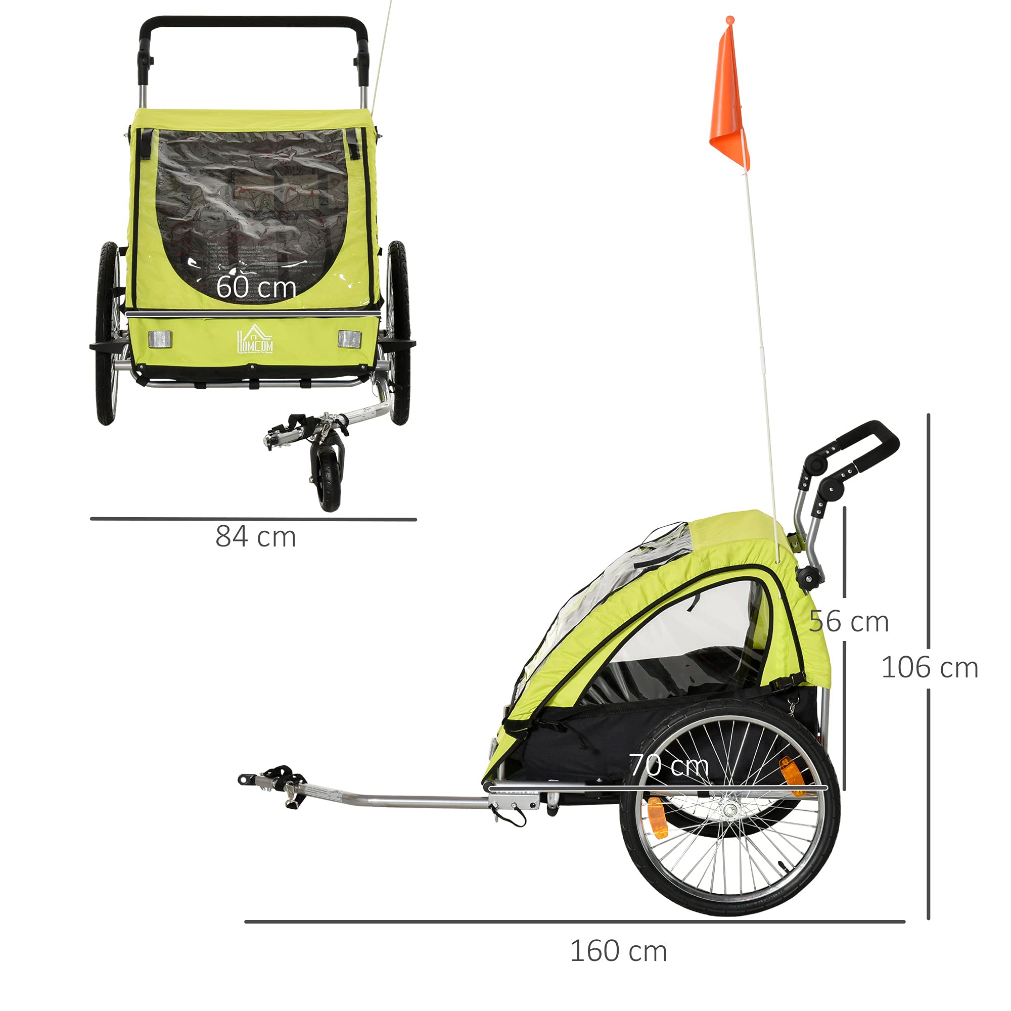 HOMCOM Remolque de bicicleta 2 en 1 con bolsa de almacenamiento de dos capas de tubo de acero oxford verde + negro, 160 x 84 x 106 cm