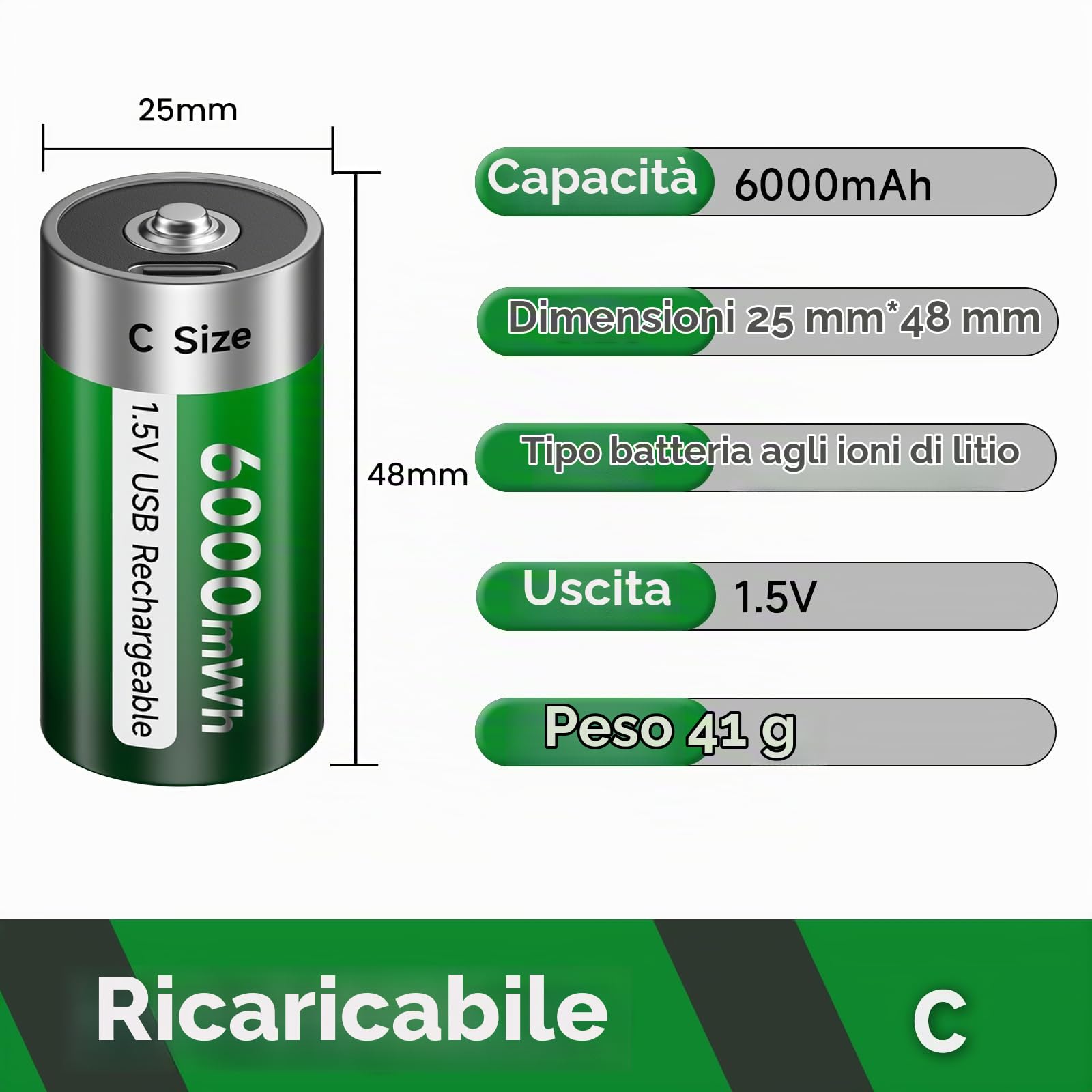 6 batterie ricaricabili Baby C USB 6000 mWh – 1,5 V/litio ricaricabili C batteria ad alta capacità con cavo di ricarica di tipo C, ricarica rapida 3 ore