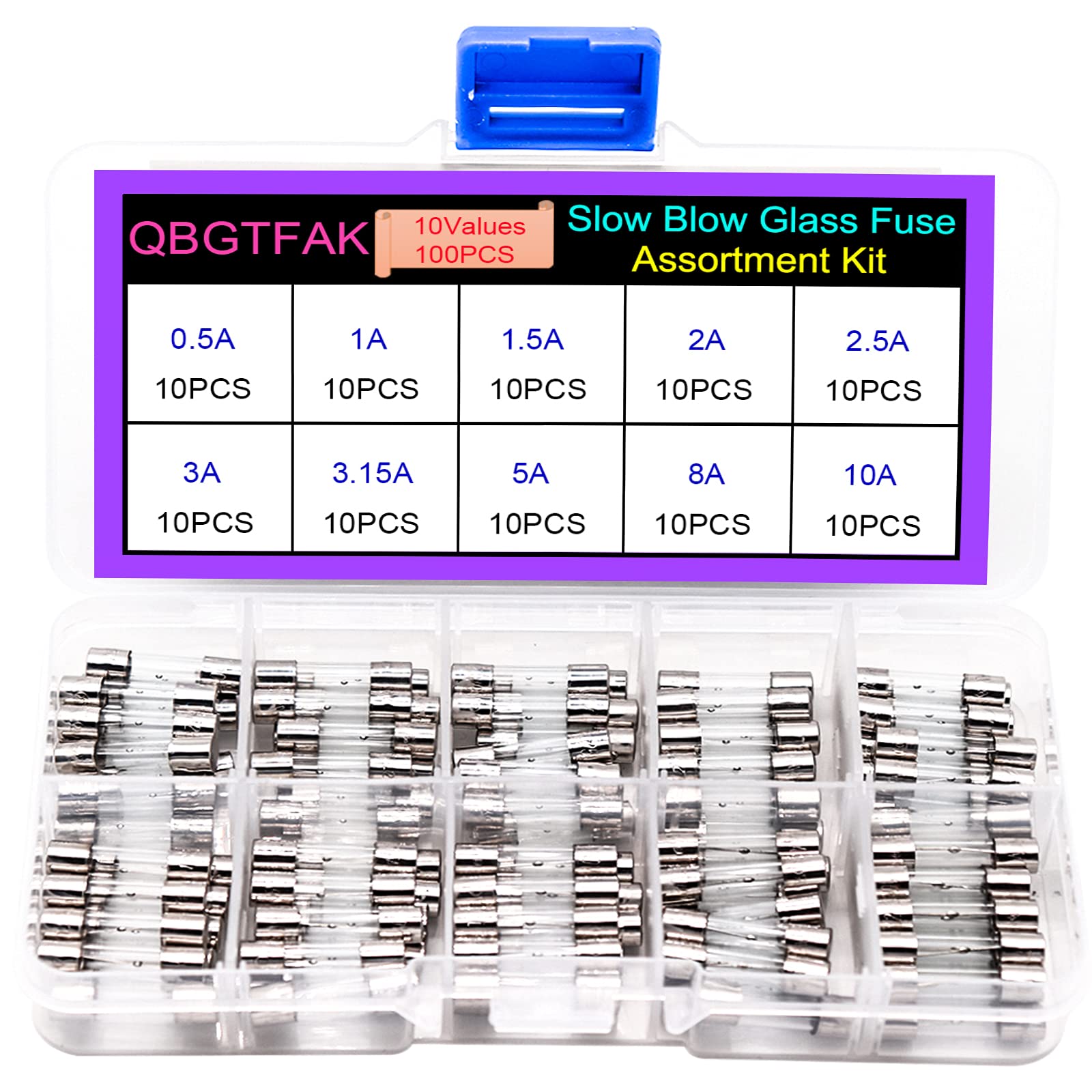 QBGTFAK 10 Values100pcs Slow Blow Glass Fuses Assorted Kit 5x20mm, 250V 0.5A, 1A, 1.5A, 2A, 2.5A, 3A, 3.15A, 5A, 8A, 10A, packag in a Clear Plastic