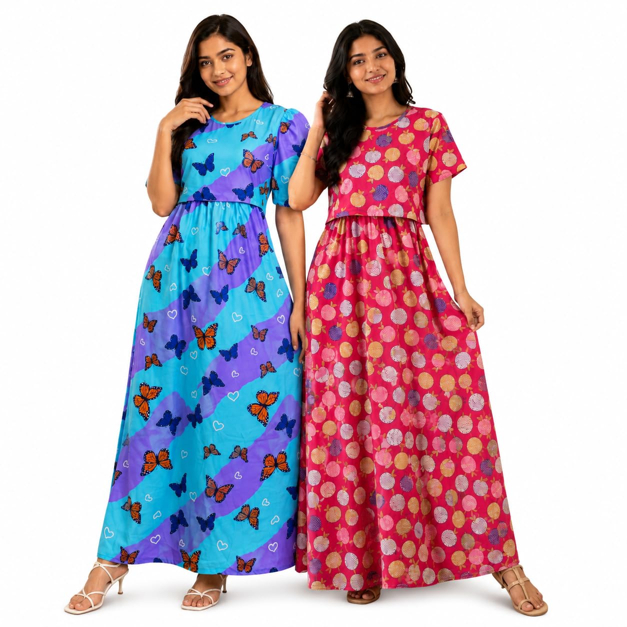 RENIS.Store Women's 100% Cotton Zipless Feeding Maternity Nighty Pack of 2 | Pull Up Nighty | Soft Pregnancy & Feeding Wear, Back Tie with Side Pocket | Sky Blue Butterfly_Pink Apple | Size-XXL-image-33