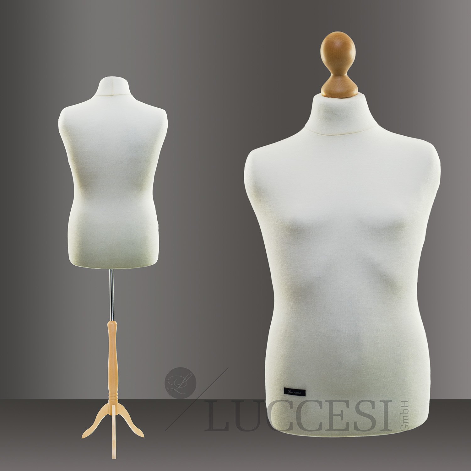 Schneiderpuppe LUCCESI | Männlich (Male) | Size L (Large/50-52) | Torso mit Wechselbezug Creme-Weiss | Standfuss buche | weitere Damen-Größen S - XL