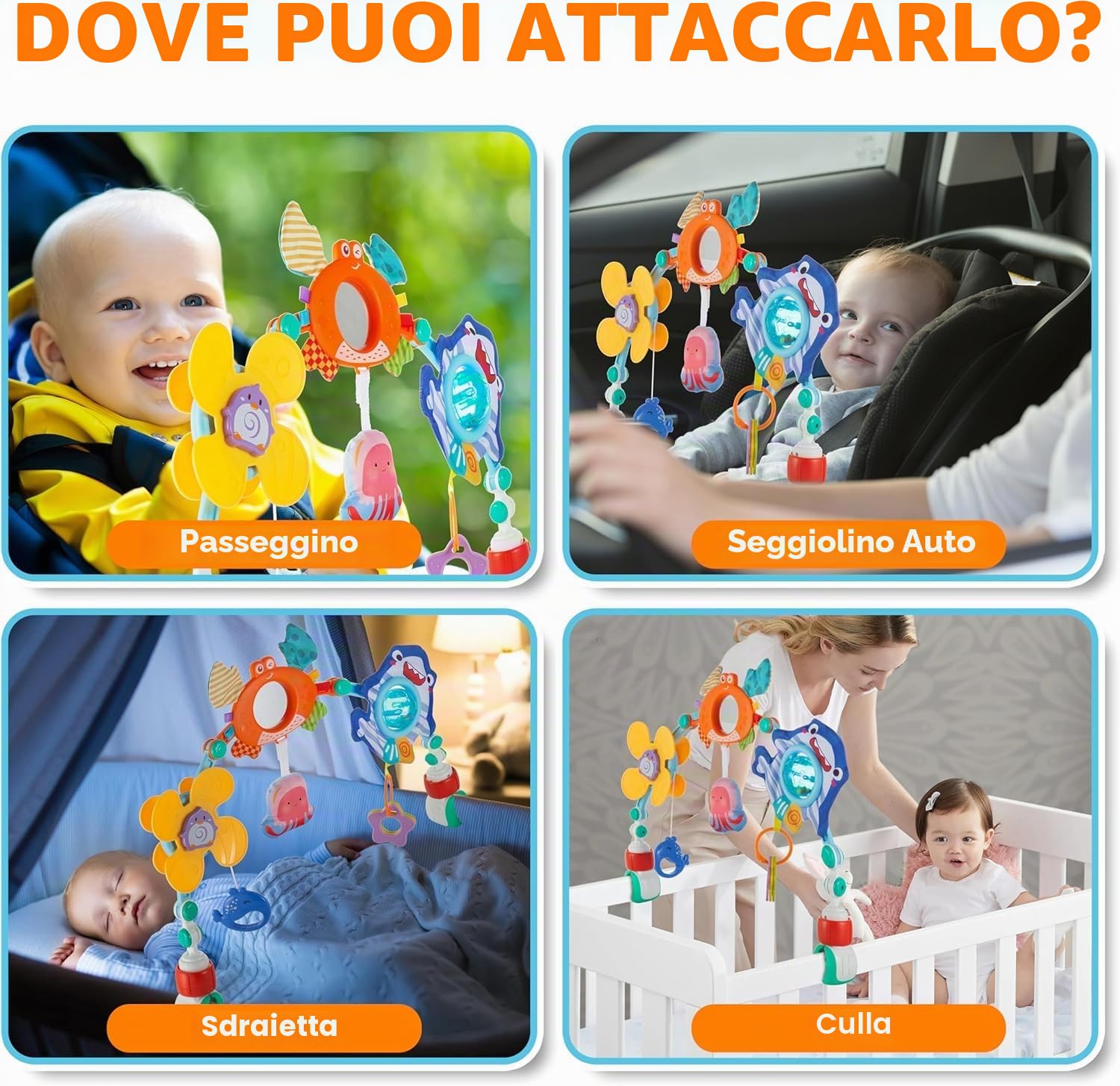 Arco Passeggino, Gioco Passeggino Neonato, Arco da Viaggio per Culla con Sonaglio, Regolabile e Pieghevole, Giocattoli Sensoriali per Buttafuori, seggiolino Auto (Arancia)