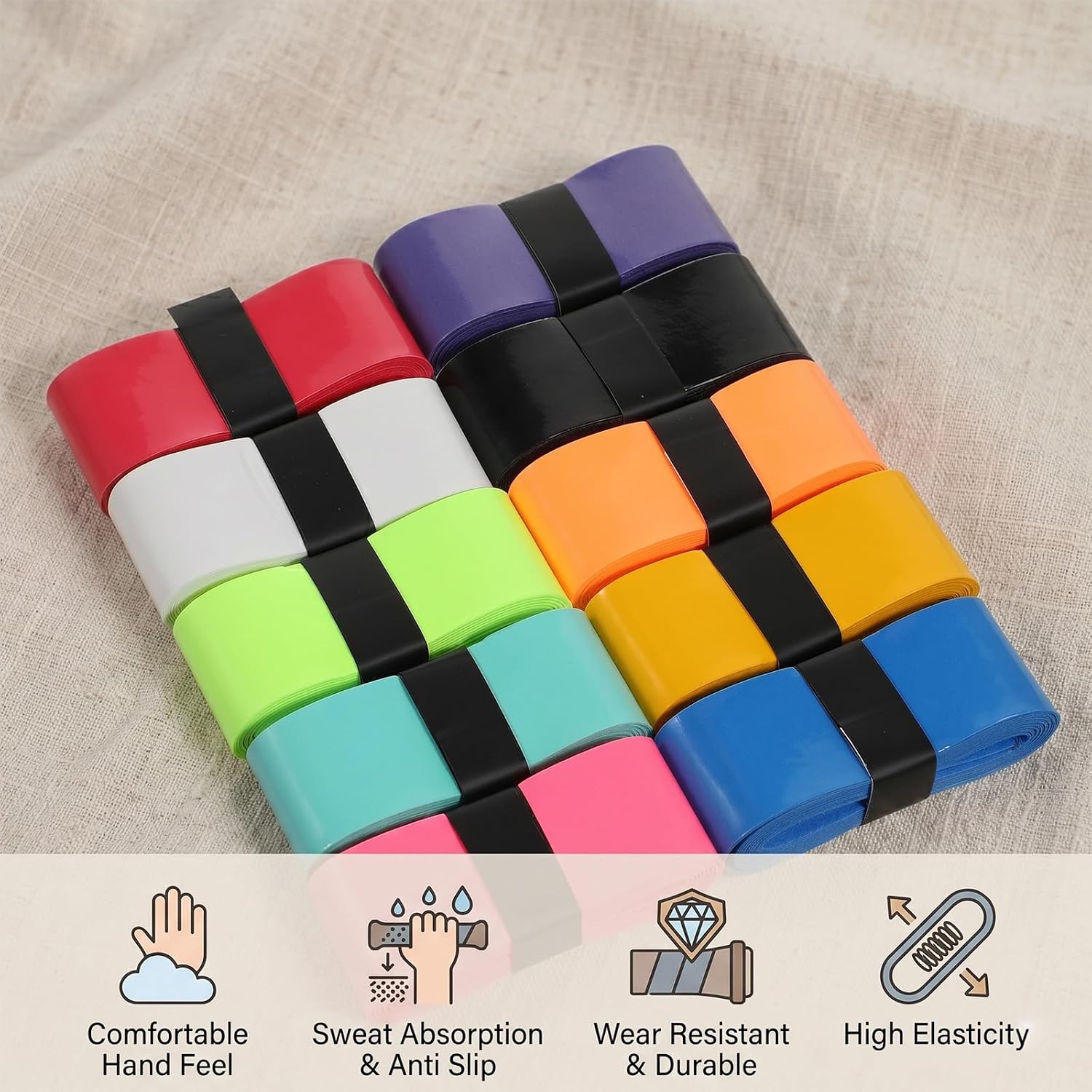 100 Pack Tennis Racket Grip Tape, Precut PU Anti-Slip Tennis Racquet Grip Tape with Dry Feel, Sweat Absorption, Comfortable Handle Overgrip Grip Wrap for Tennis, Badminton, Pickleball