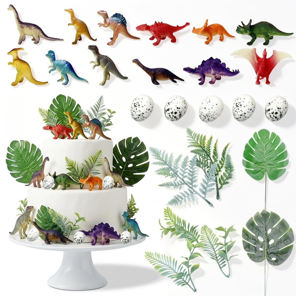 21 PCS Dinosaur Cake Toppers, Realist Dinosaur Figures Cake Topper Set, Cake Decorations with Green Leaves, Dinosaur Birthday Toppers for Shower Party Supplies