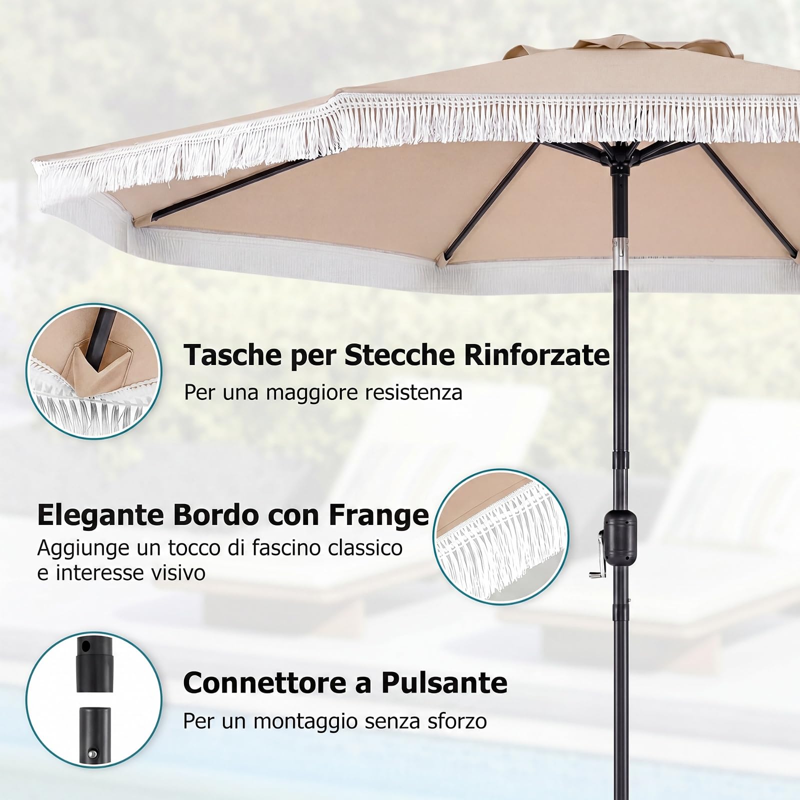 COSTWAY Ombrellone da Giardino 270 x 235 cm, Ombrellone da Esterno Inclinabile 30° con 8 Costole, Palo in Metallo, Parte Superiore Ventilata e Manovella per Spiaggia, Balcone e Terrazzo (Beige)