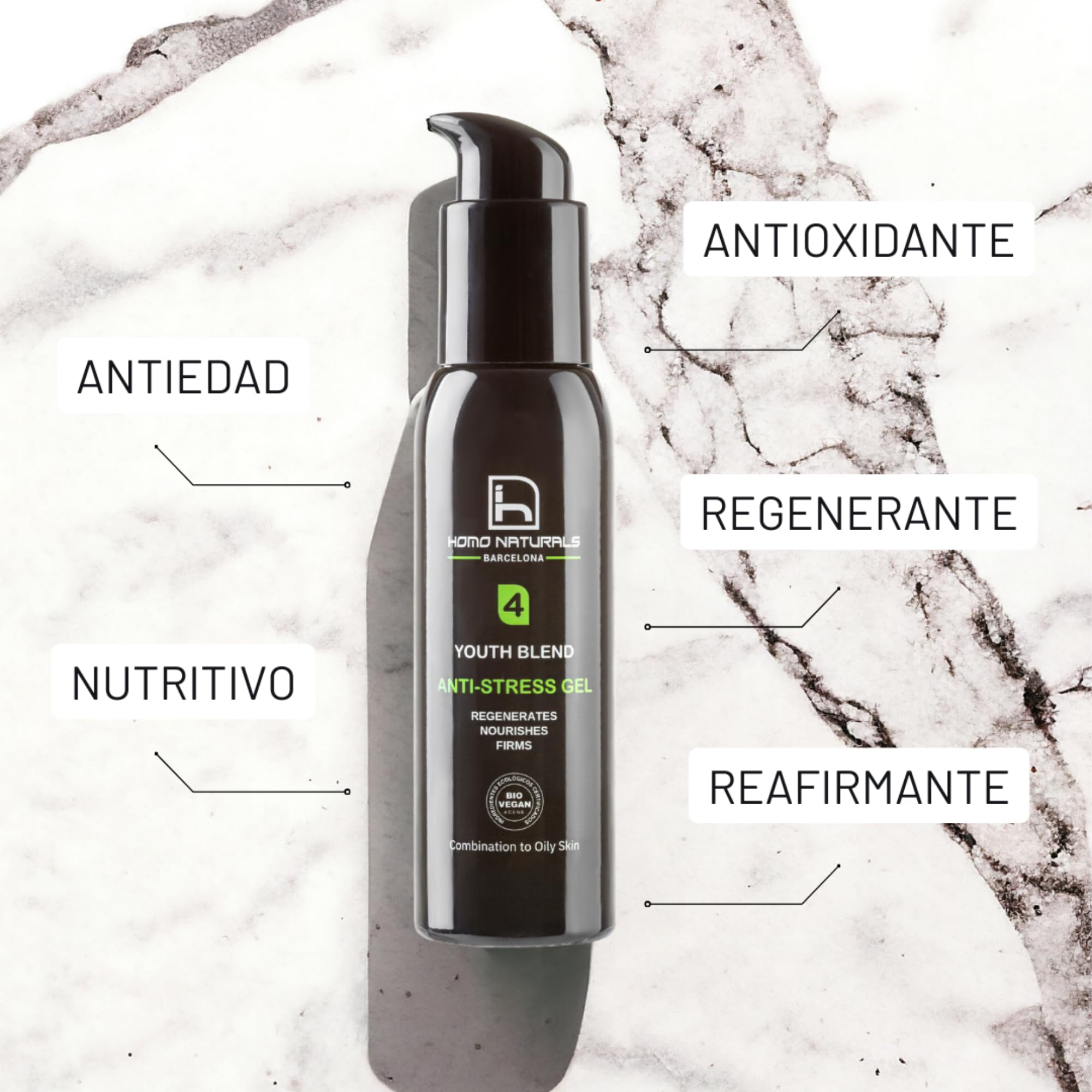 Homo Naturals Gel antiarrugas hombre Natural - Hidratante facial hombre ácido hialuronico y Bakuchiol - Crema cara hombres - Crema antiedad - Tratamiento facial ideal piel grasa - 100 ml (Gel)