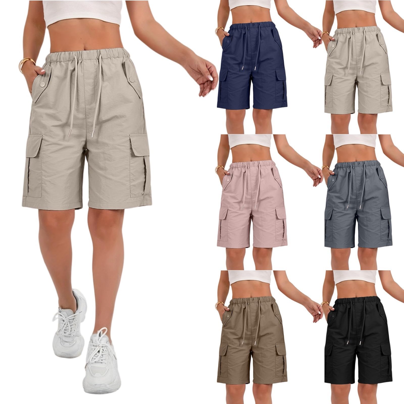 Womens Cargo Shorts Plus Size Lightweight Summer Bermuda Shorts with Pockets Knee Length Ripstop Hiking Short Cargo Bermuda Short for Women Baggy Comfy Elastic Waist Pants Tactical Pants
