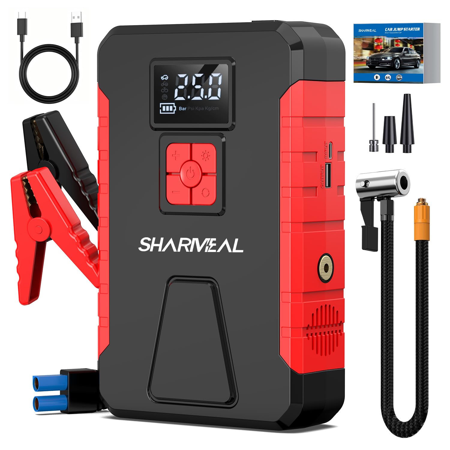 SHARMEAL Paquete de energía de Arranque de 5000 A con compresor de Aire de 150 PSI, Amplificador de batería portátil de Coche de 12 V (10.0 L de Gas/9.0 L diésel), Banco de energía de Arranque de