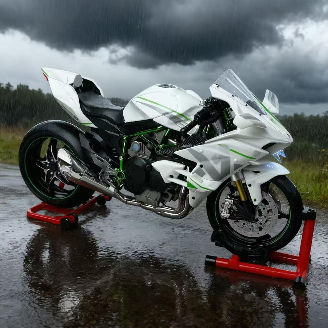 Modello di moto, scala 1:9, H2, in lega, dinamico, simulazione di scarico, nebbia d'acqua, modello meccanico da esposizione, modello di moto da collezione con parti mobili