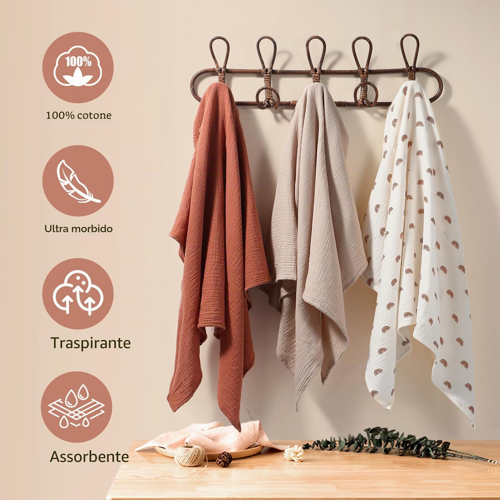 Mussole Neonato 100 x 100 cm 3 Pack Morbido Copertine in Mussola Cotone Unisex Avvolgenti Regalo Bambino Arcobaleno