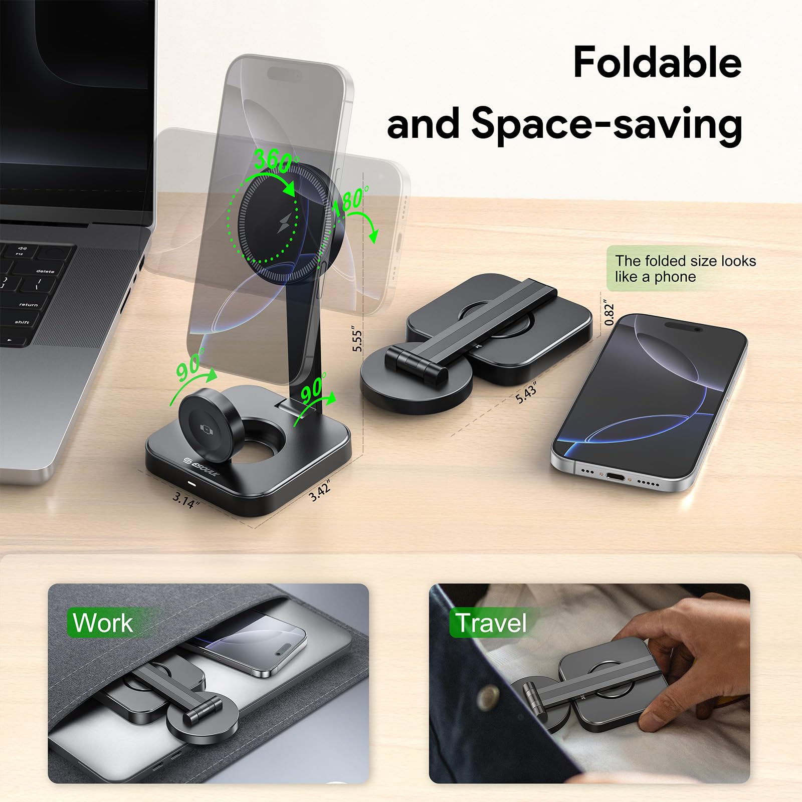 Caricabatterie wireless 2 in 1 da 15 W, stazione di ricarica rapida magnetica pieghevole per iPhone, Apple Watch e Smart Watch