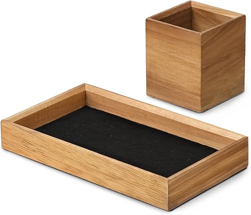 Miniatura 8 de HULISEN Bandeja organizadora de escritorio de madera con soporte para bolígrafos, bandeja de escritorio antideslizante y soporte para lápices con