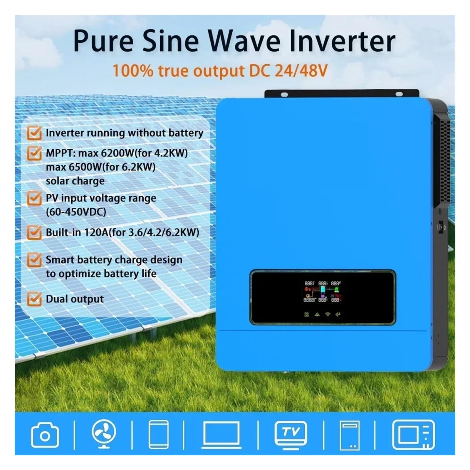 Hybrydowy Falownik Solarny 6,2KW 4,2KW Hybrydowy Falownik Solarny On Off Grid Czysta Fala Sinusoidalna Falownik 24V 48V 230V Podwójne Wyjście MPPT 120A Ładowarka Słoneczna(6.2kw 48vdc,Without WIFI)