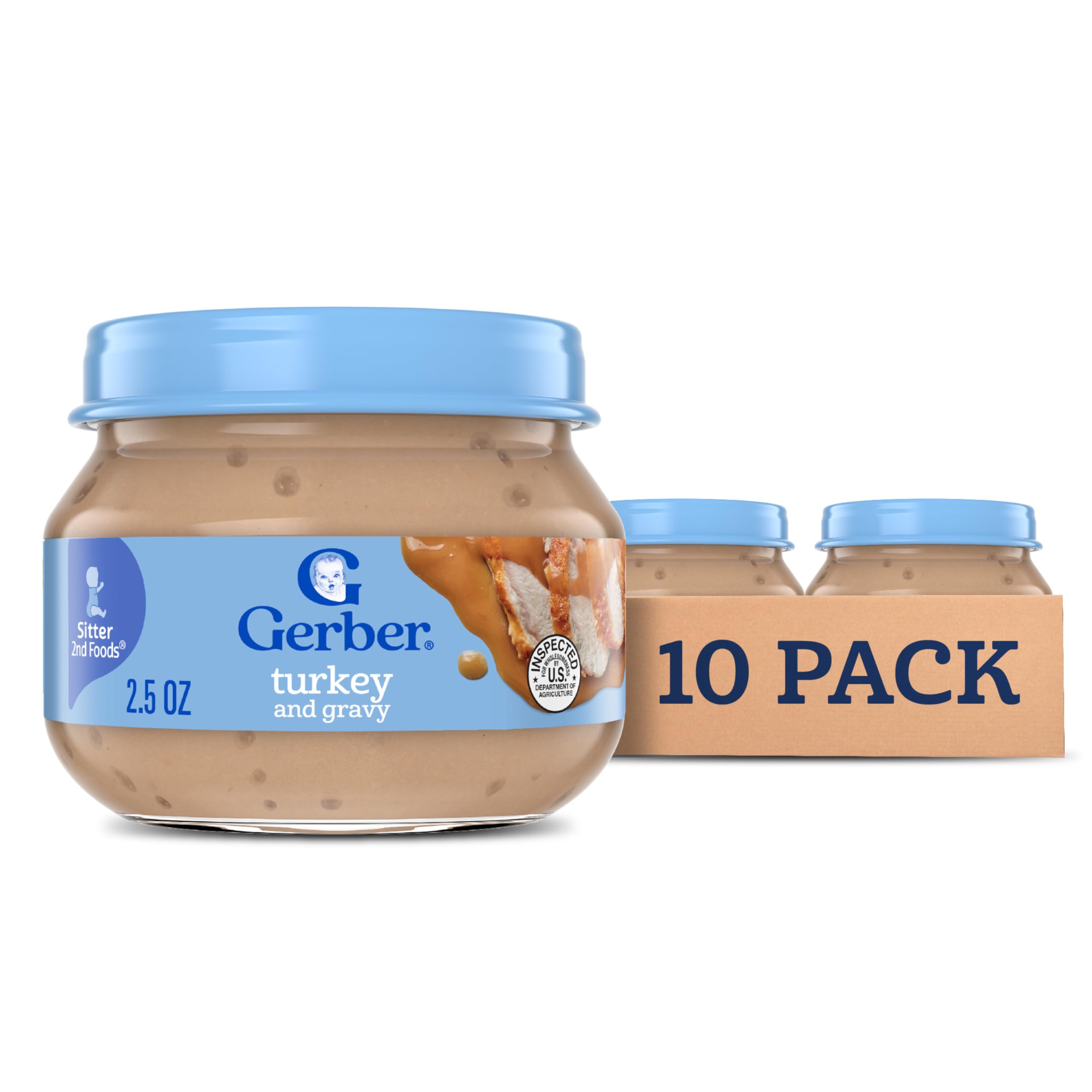 Gerber Stage 2 Baby Food, Turkey and Gravy Jar, Baby Food Poultry Puree, Baby Mealtime, Baby Puree Jars Glass, 10-Pack
