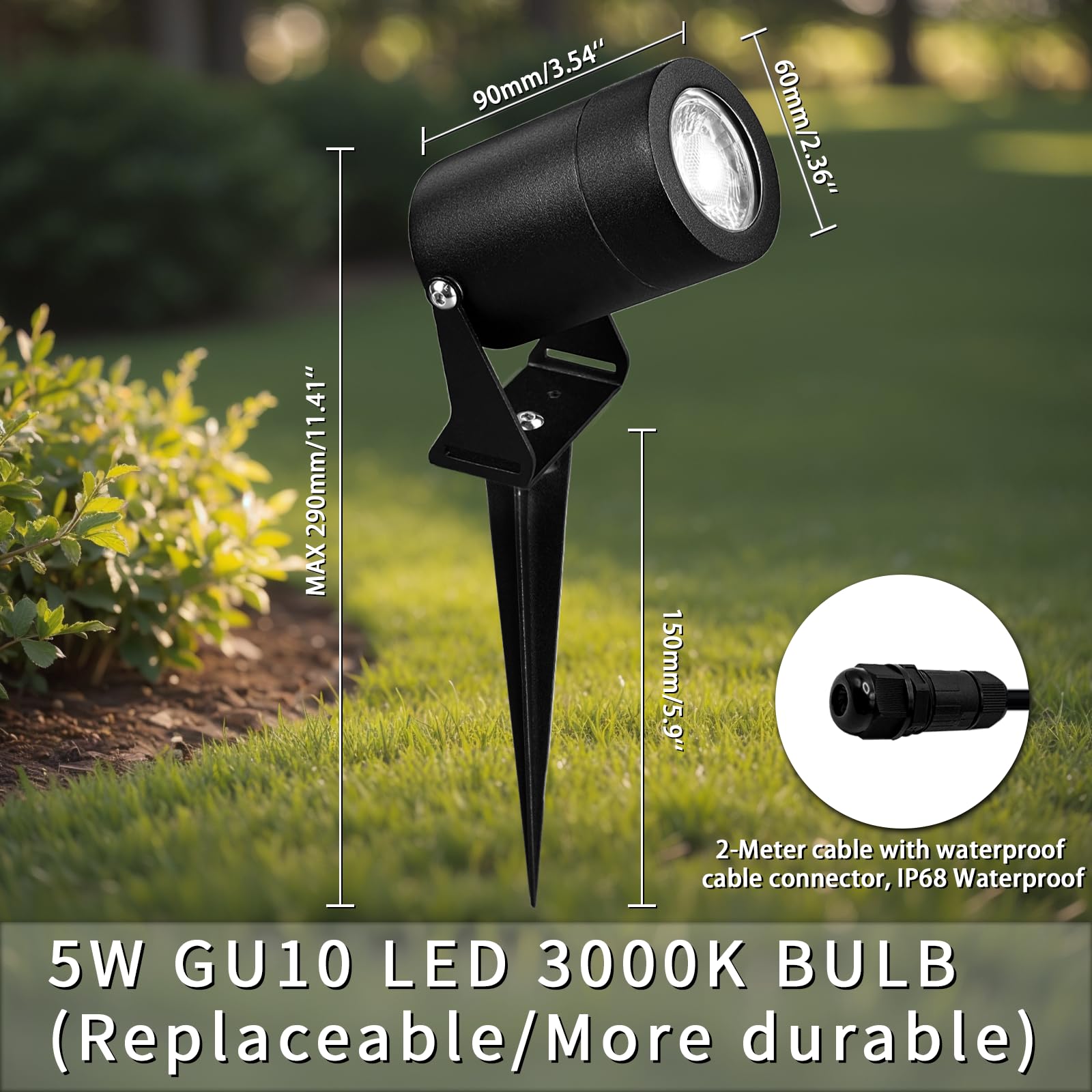 JNR Focos Jardin Exterior con Pincho, IP65 Impermeable, Negro 2 Pack | Acero Inoxidable Foco Jardin Exterior Con Cable de 2 M, con GU10 LED 5W 3000K Bombilla, Lámpara para Césped, Paisajes
