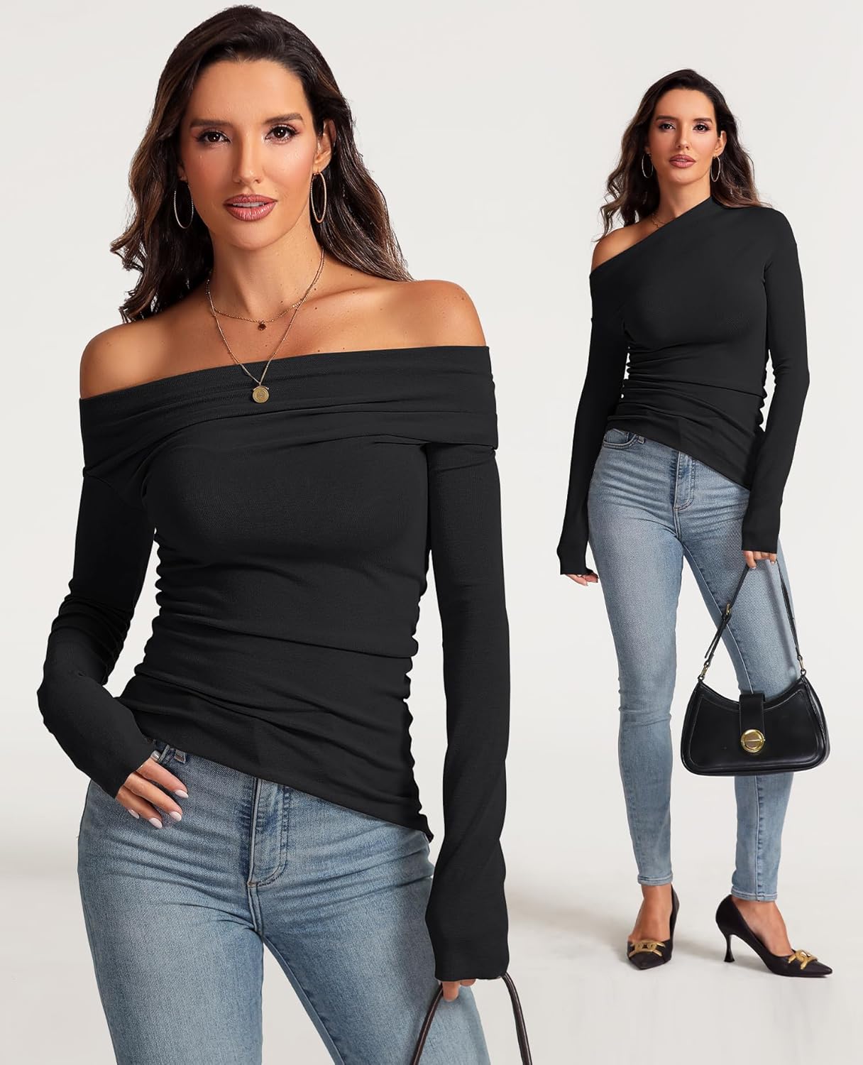 Meetrendi Women's Sexy Off Shoulder Tops Dressy Long Sleeve Asymmetrical Slim Fit Going Out Fall Blouse Ruched Shirts - Image 6