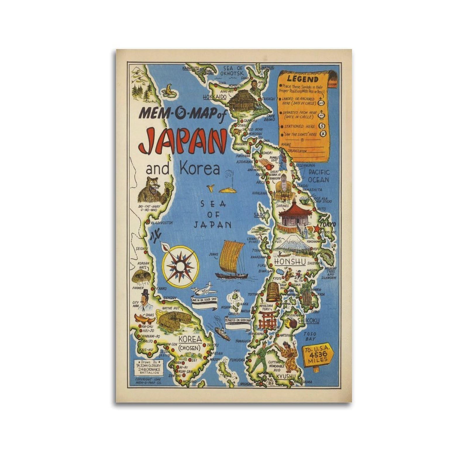 OKAHYS Vintage Travel Map Poster Japan And Korea 1946 Decorative Painting Canvas Wall Artworks Picture 16x24inch(40x60cm)