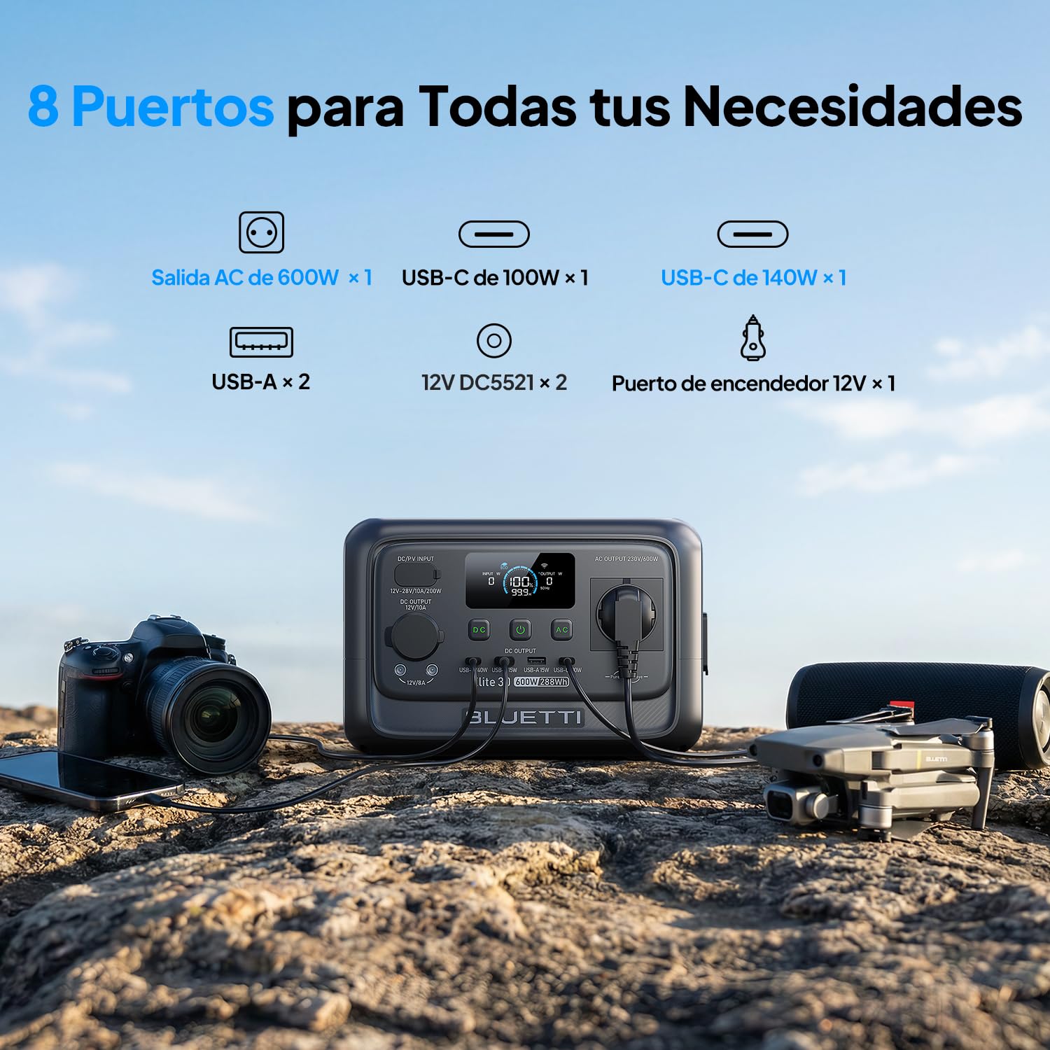 BLUETTI Elite 30 V2 Estación de Energía Portátil, Generador Solar de 288Wh, 600W Salidas CA (Power Lifting 1500W), Batería LiFePO4 de Carga Rápida para Camping, Viajes por Carretera y Cortes de Luz