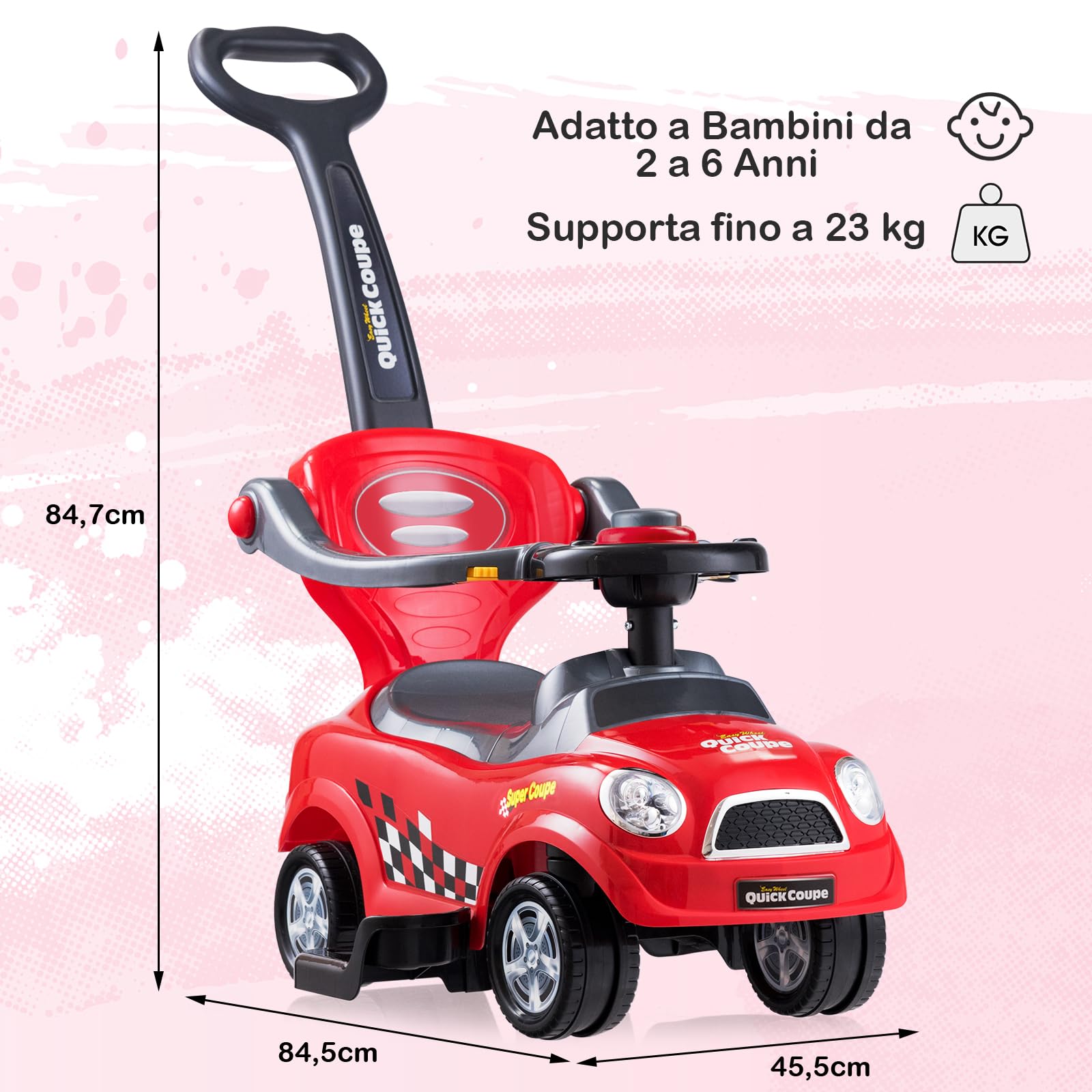 COSTWAY 3 in 1 Macchina Cavalcabile a Spinta per Bambini, con Guardrail Staccabili e Maniglia Clacson, Spazio di Archiviazione Nascosto e Design Anti-ribaltamento, Ideale per Bambini 2-6 Anni (Rosso)