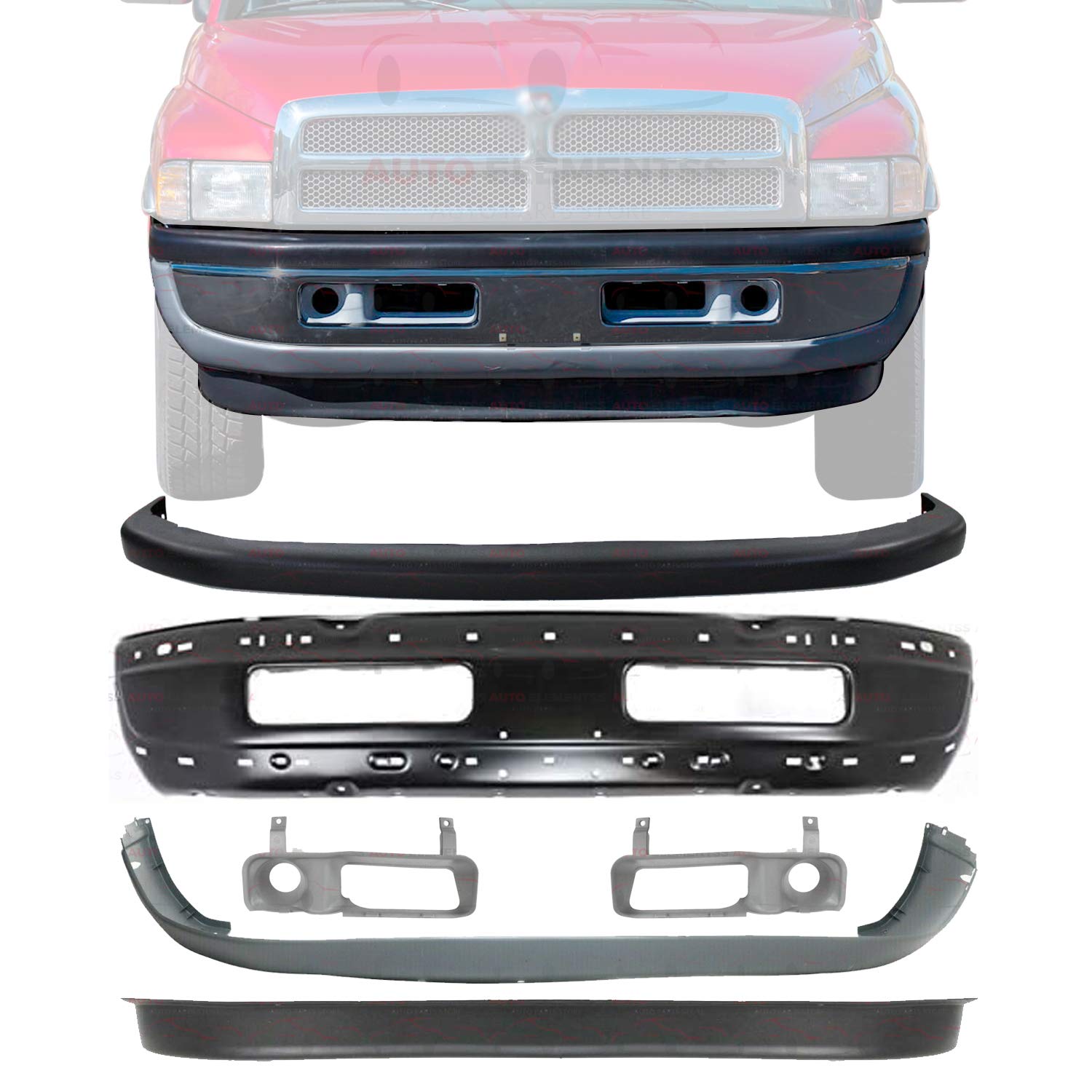 New Front Bumper Primed + Upper & Lower Cover + Valance + Sight Shield without Fog Lights Left Driver & Right Passenger Side For 1994-2001 Dodge Ram 1500 / 1994-2002 RAM 2500 3500 Direct Replacement