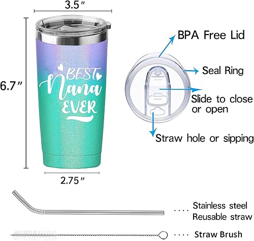 Miniatura 2 de RNFENQS Best Nana Ever Gifts - Vaso de 20 onzas con tapa y pajita, vaso de café Nana, taza de café para el día de la madre, Navidad, taza de café de