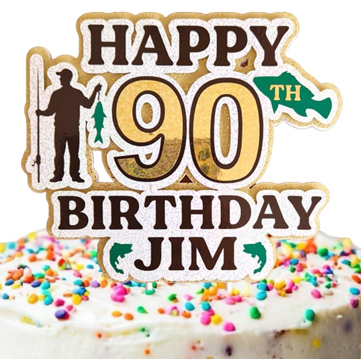 Personalized Birthday Fishing Themed Cake Topper, Choose your age and name. 50th, 55th, 60th, 65th, 70th, 75th, 80th, 90th, 95th, 100th