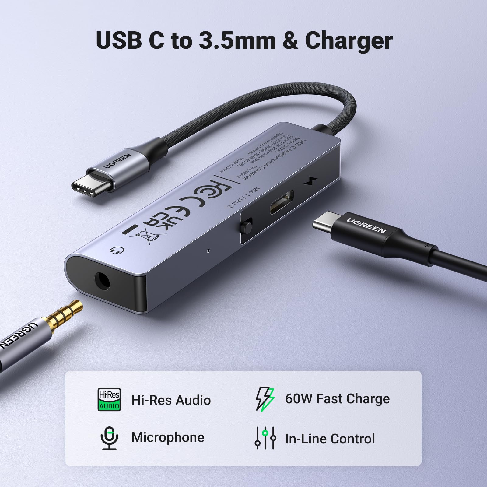 UGREEN 2 In 1 Adattatore USB C Jack 3.5mm con USB C PD Carica Rapida 60W 32bit 384kHz Audio Hires Avanzato Chip DAC Compatibile con iPhone 15 Plus Pro Max Galaxy S24 iPad Pro Air 2022 MacBook Pro