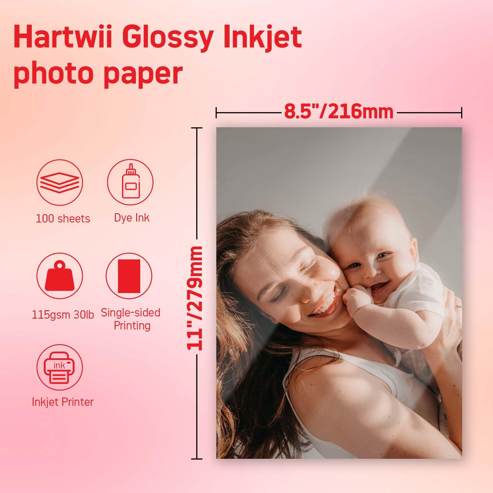 Papel fotográfico brillante de 115 g/m², 100 hojas de 8.5 x 11 pulgadas para impresión de inyección de tinta con tinta de tinte