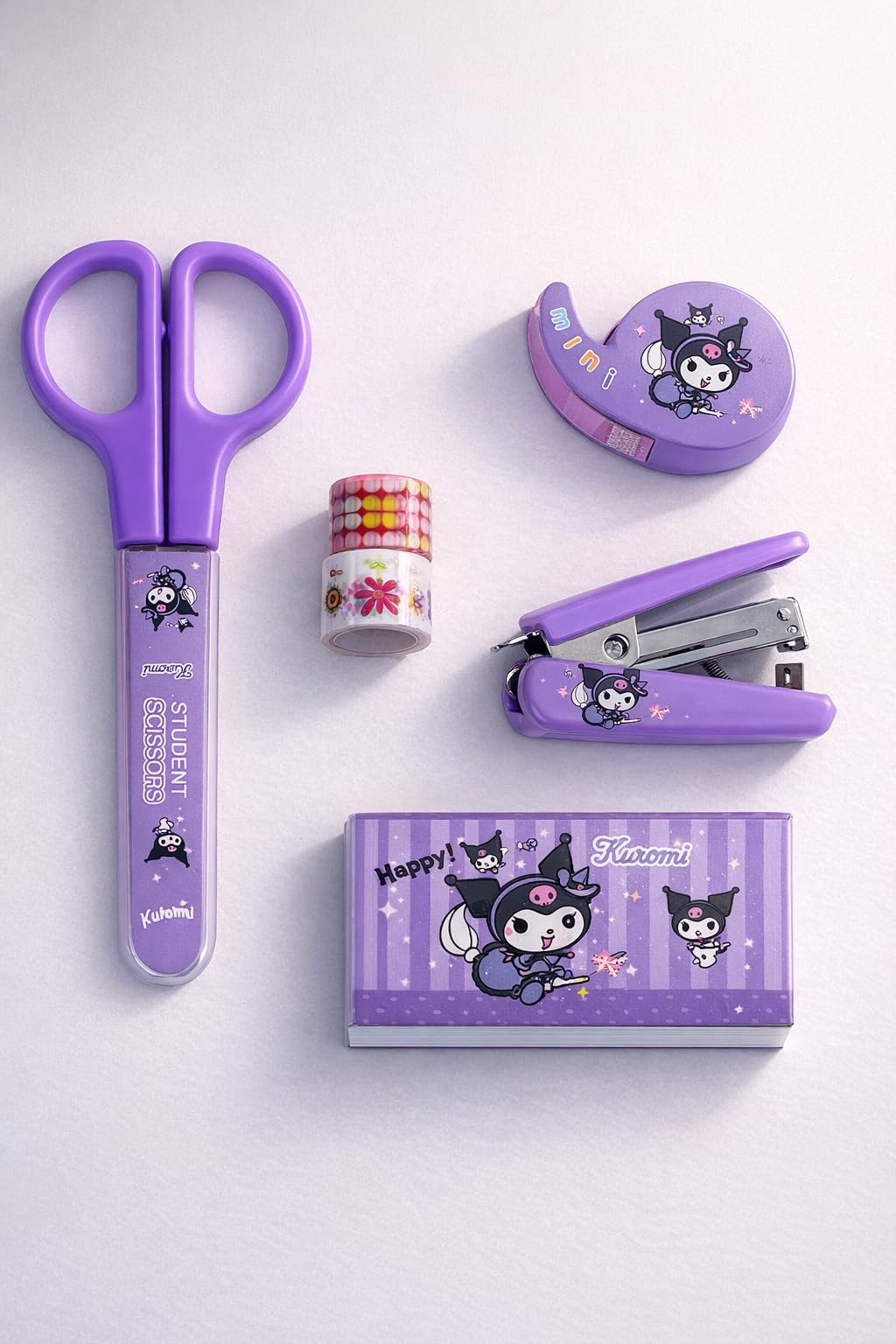 Cute Kids Stationery Set, Mini Stapler, Student Scissors, Tape Dispenser, Decorative Tapes and Mini Notebook, Purple and Peach, School Supplies Kit-image-46