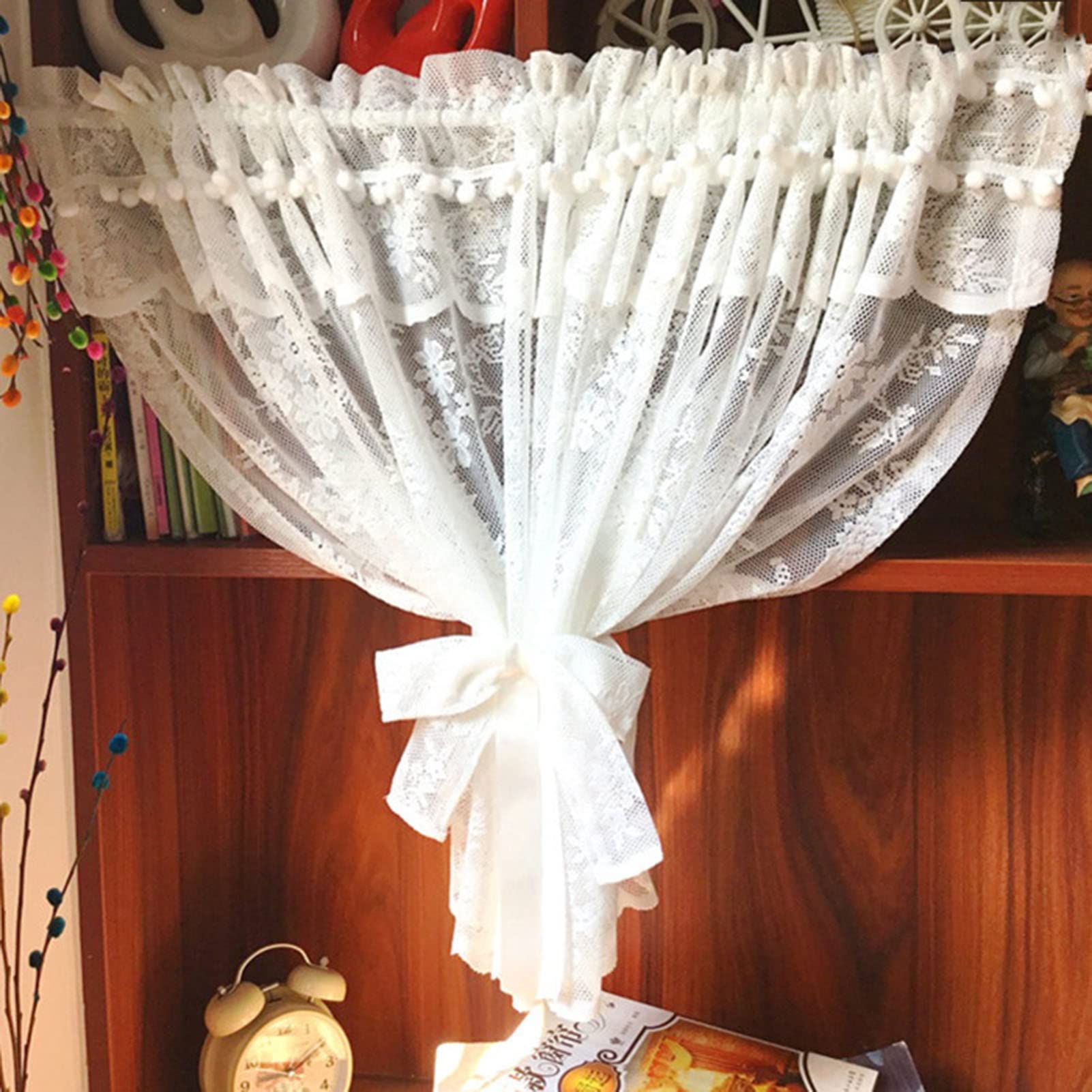 Cortina de ventana pequeña rUrEu para decorar con encaje floral translúcido y bolsillo de barra