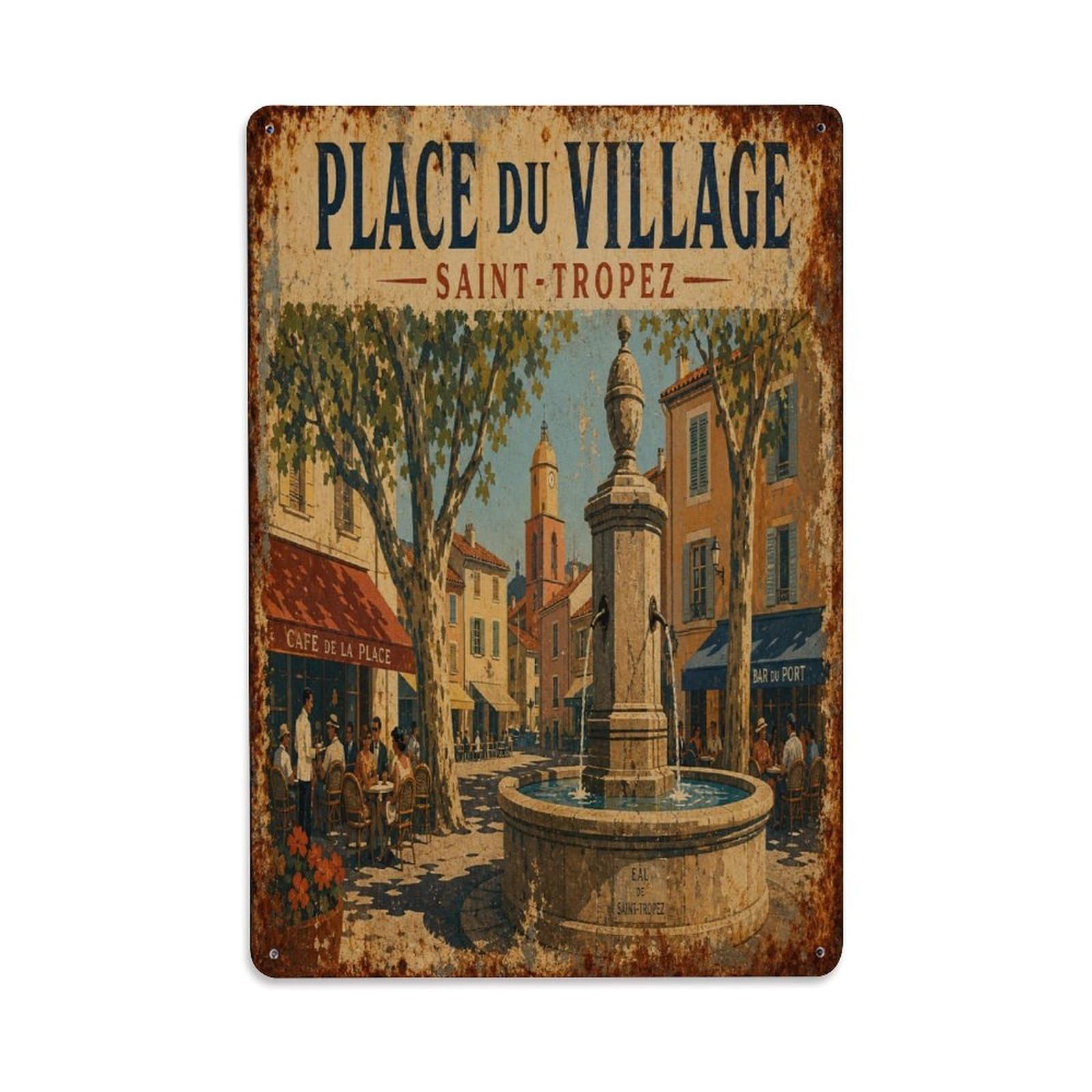 Old Town French Village Travel Heritage Provence Metal Tin Sign Plaque Wall Decor for Cafe, Man Cave, Club Bar, Office, Home Garden Round Metal Poster 8x12Inch