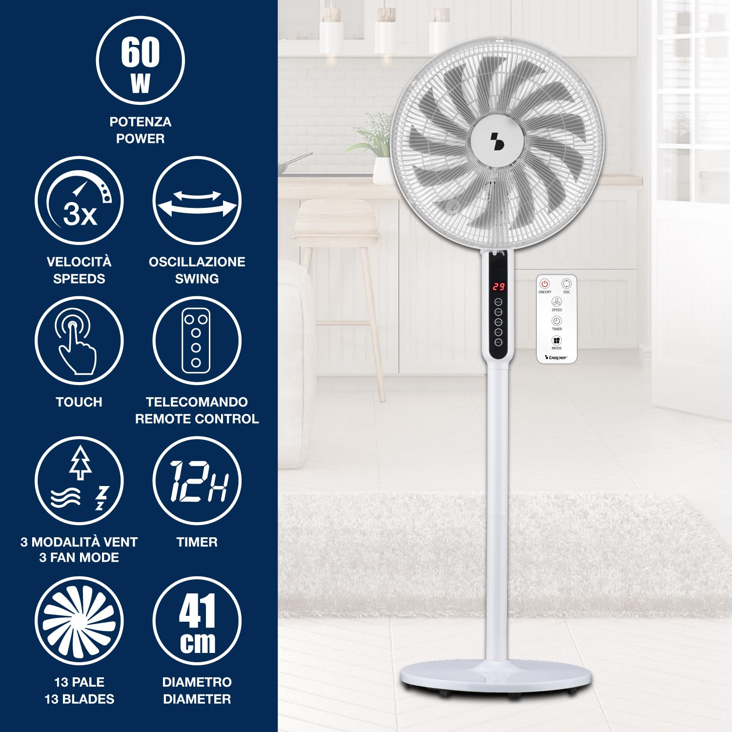 BEPER P206VEN154 Ventilatore a Piantana 13 Pale con Telecomando, 41 cm, 3 Velocità e 3 Modalità, Timer 12h, Oscillante, Altezza Regolabile 70-130 cm, Display Digitale