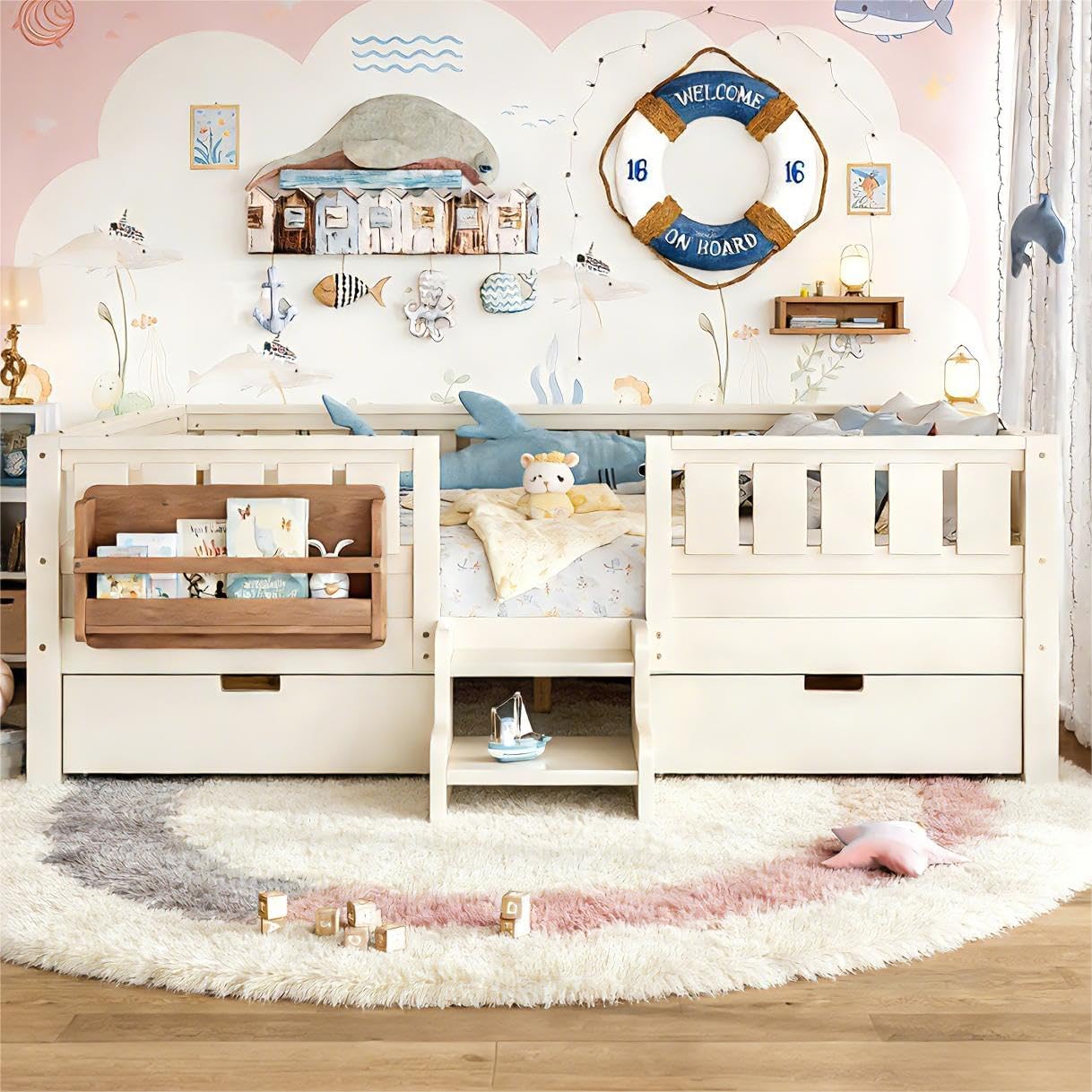 Bellemave Full Size Bed Frame with Storage Drawers & Bookshelf, Low Profile Kids Bed with Staircase & Full Length Guardrails, Solid Wood Full Size Bed Frame Kids with Slats Load 450 LBS, Beige