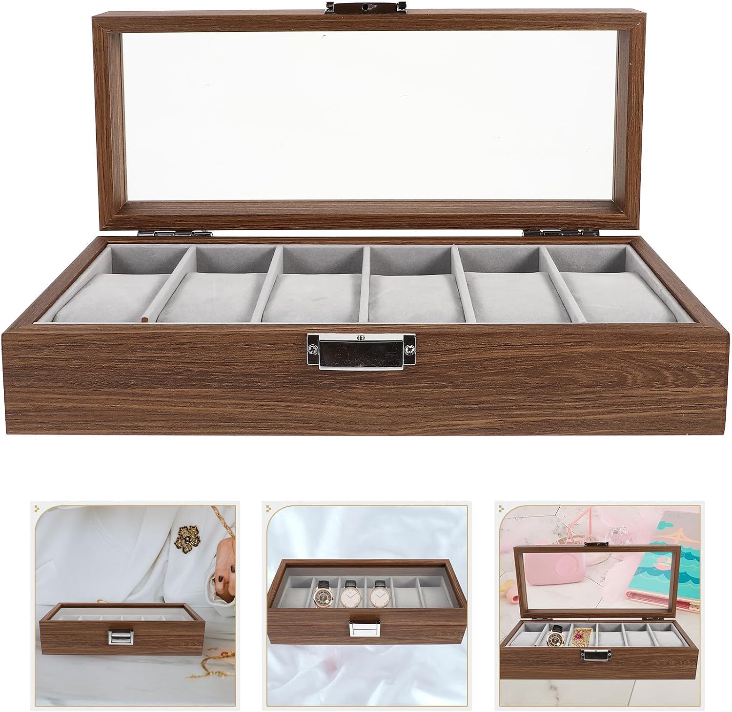 Garneck Delicate Watch Storage Box with 6 Slots for Organizing and Displaying Watches and Jewelry, Made of Wood and Glass, for Dressing Table or Store Use