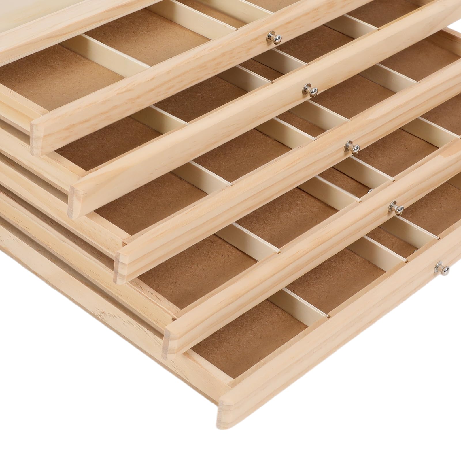 5-Drawer Pine Artist Boîte de rangement – 38 x 25 x 10 cm – Boîte de rangement avec compartiments et tiroir, finition en bois, poignées en métal, organiseur de table pour art, artisanat, bijoux