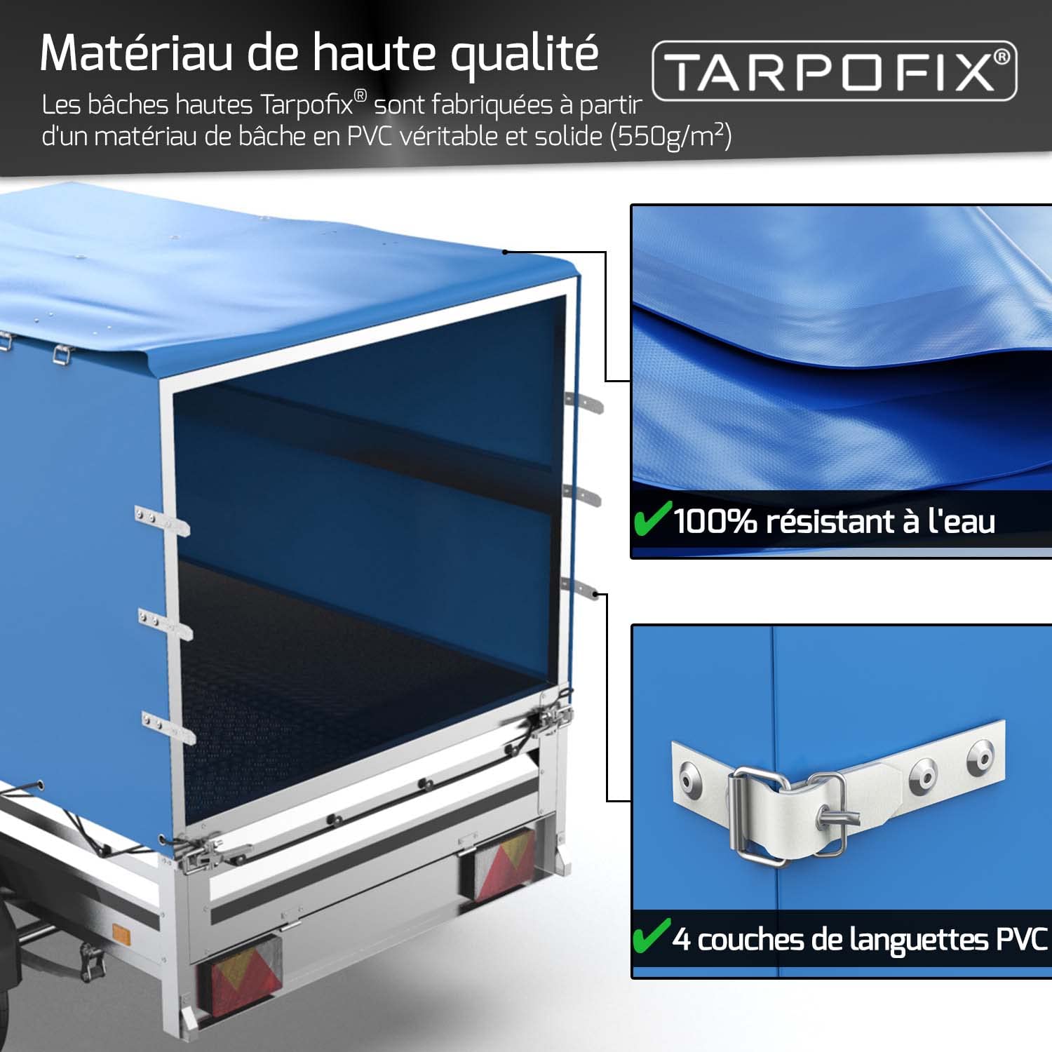 Tarpofix® Bâche de remorque Haute 258 x 135 x 120 cm & Corde de bâche - Bâche de remorque Durable PVC Robuste - Bâche de Couverture idéale pour Divers modèles de remorques de 750kg & 1000kg