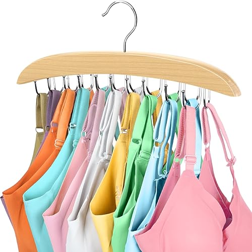 Bra Organizer for Closet, 360° Rotating Bra Hanger Space Saving w/20 Foldable Metal Hooks, Tank Top Hanger Closet Organizers and Storage for Camisoles/Tank Tops/Bras/Belts/Scarves Wood