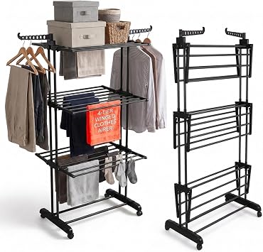 Straame 4-Tier Clothes Airer, Heavy Duty Foldable Drying Rack, 40 kg, Black
