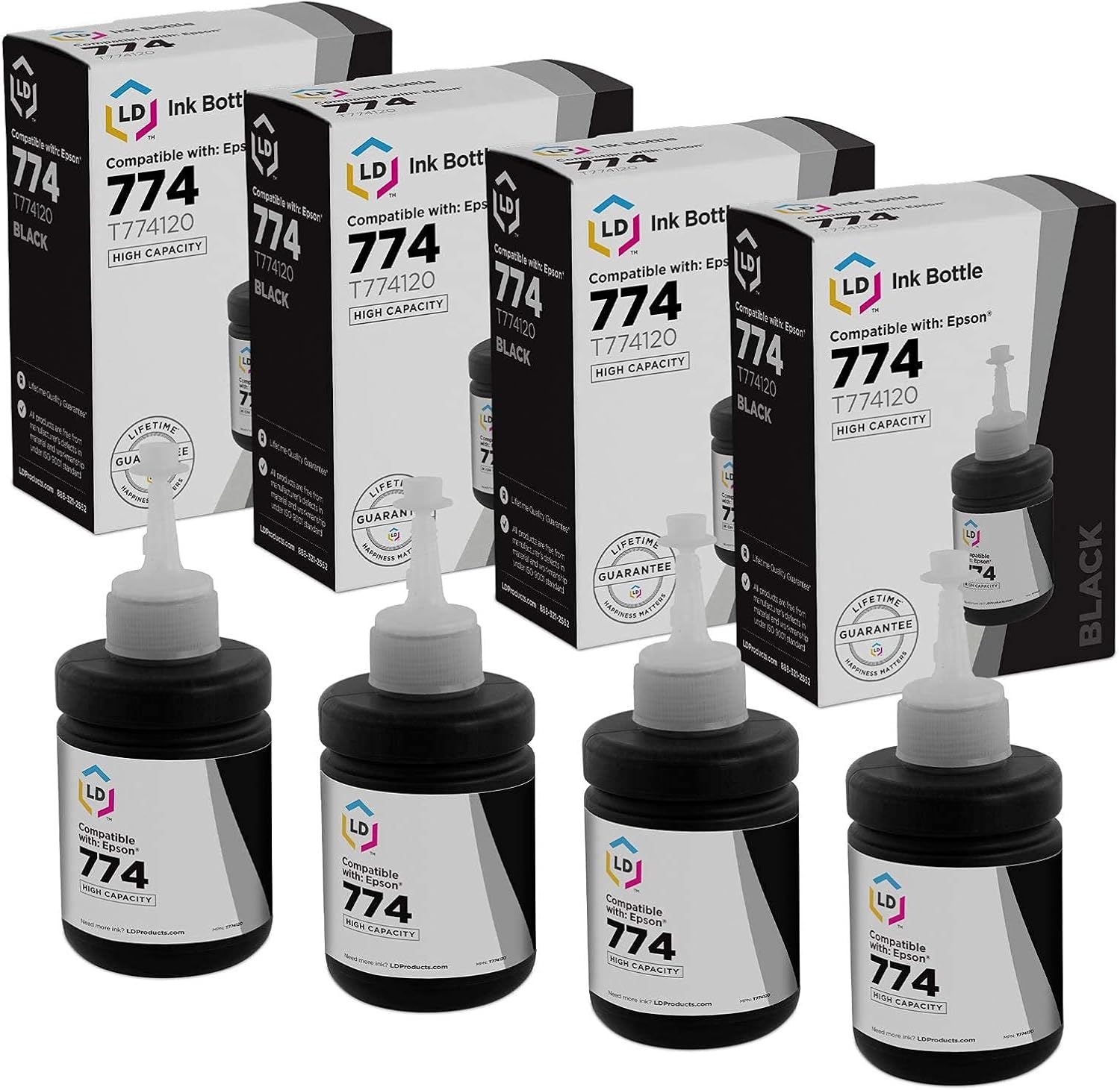 Amazon.com: LD - Botella de tinta compatible con Epson 774 T774120 (4  unidades), color negro : Productos de Oficina